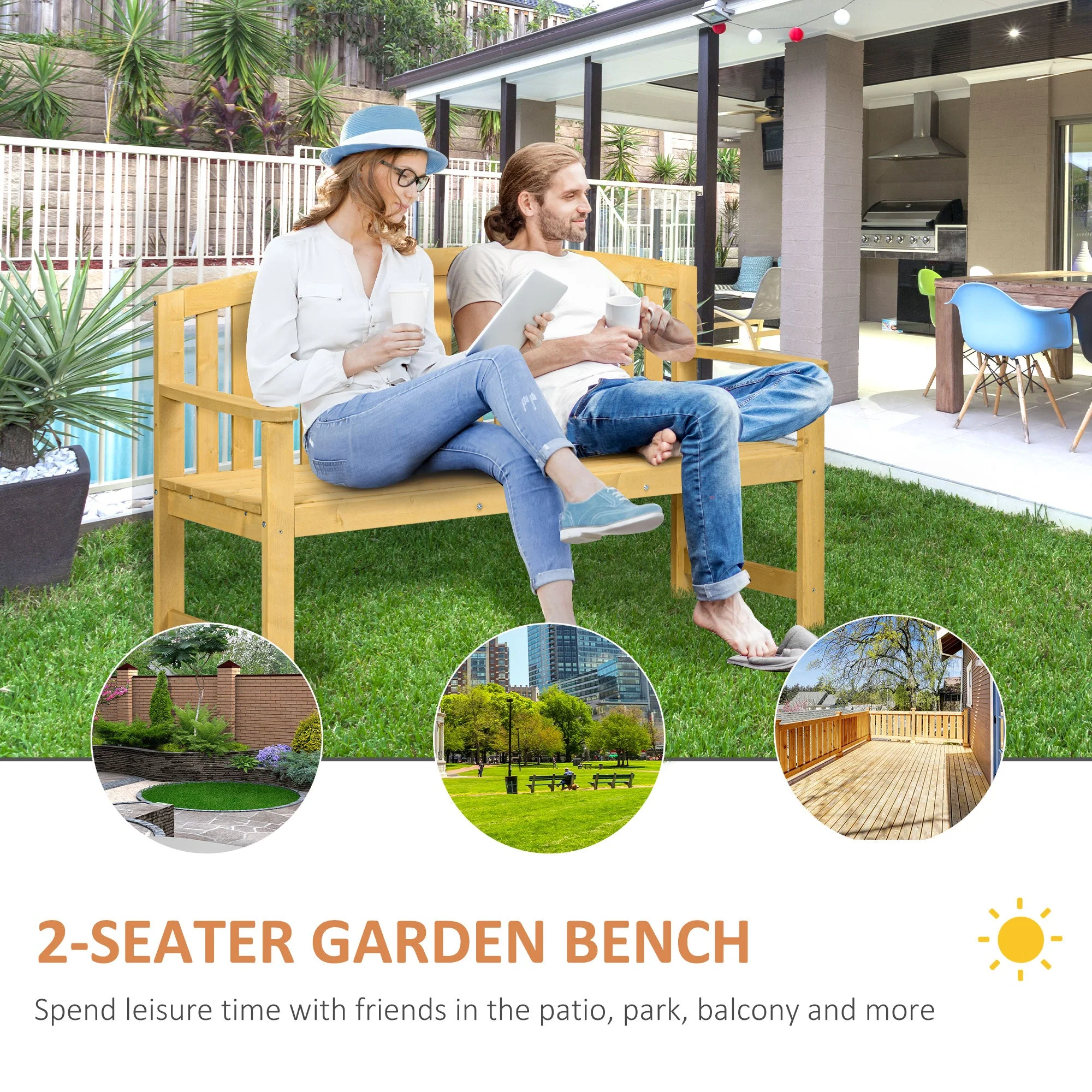 2 Seater Wooden Garden Bench with Armrest - Image 4