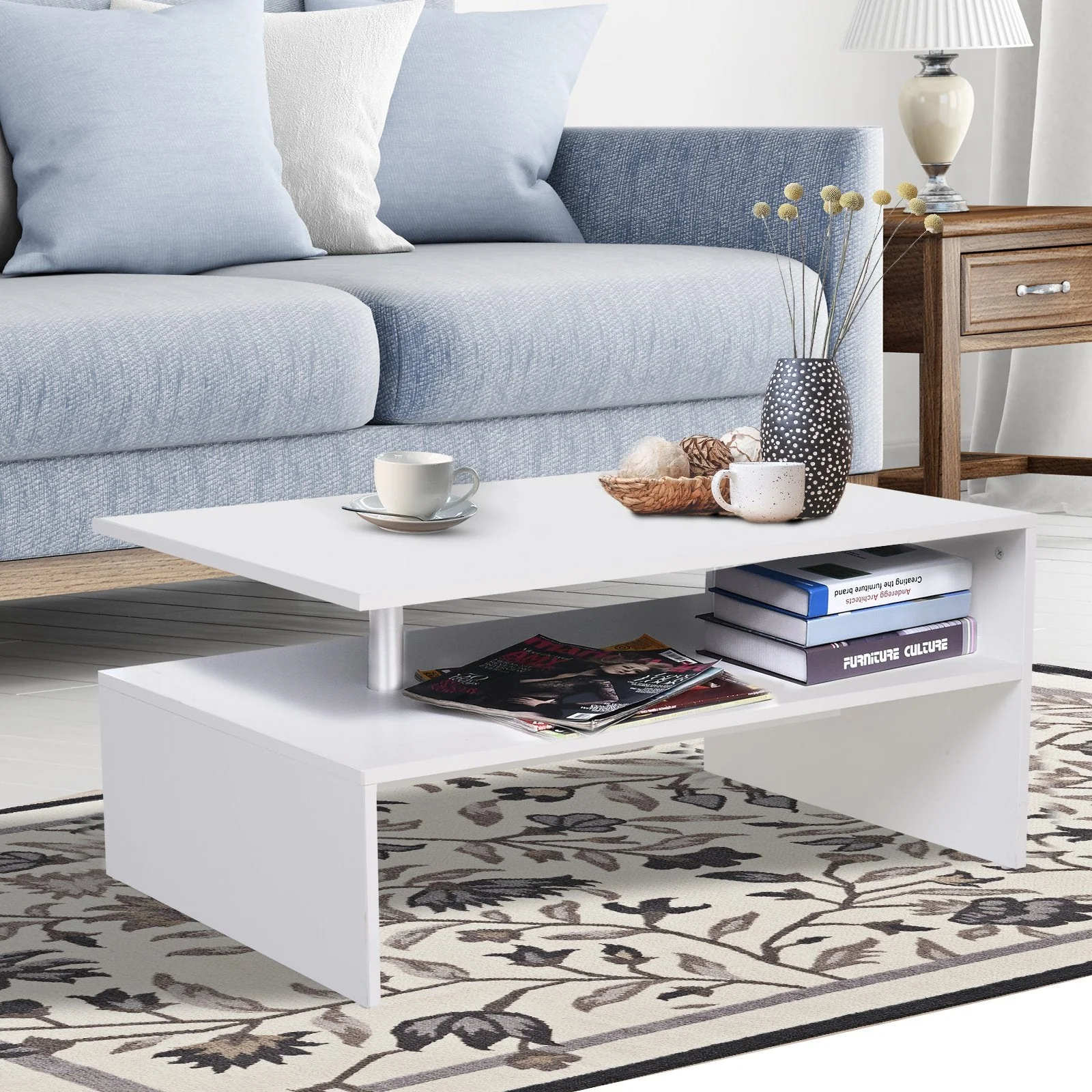 2-Tier Coffee Table Side/End Table Modern Rectangular Design w/ Open Shelf Living Room Entryway Hallway Furniture White - Image 2