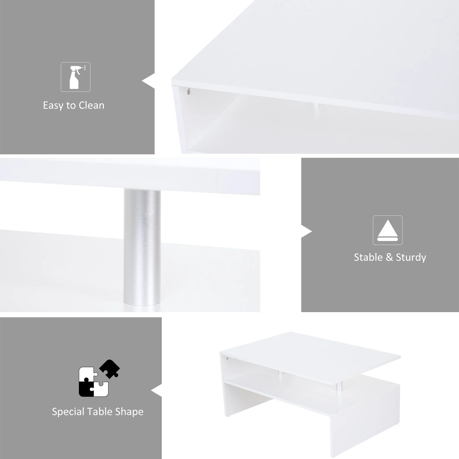 2-Tier Coffee Table Side/End Table Modern Rectangular Design w/ Open Shelf Living Room Entryway Hallway Furniture White - Image 5