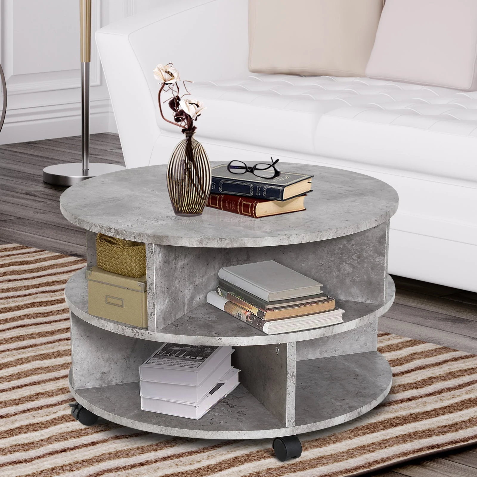 2 Tier Round Side End Table Coffee Desk with Divided Shelves Tea Table Storage Unit Living Room Organiser with Wheels - Cement colour - Image 2