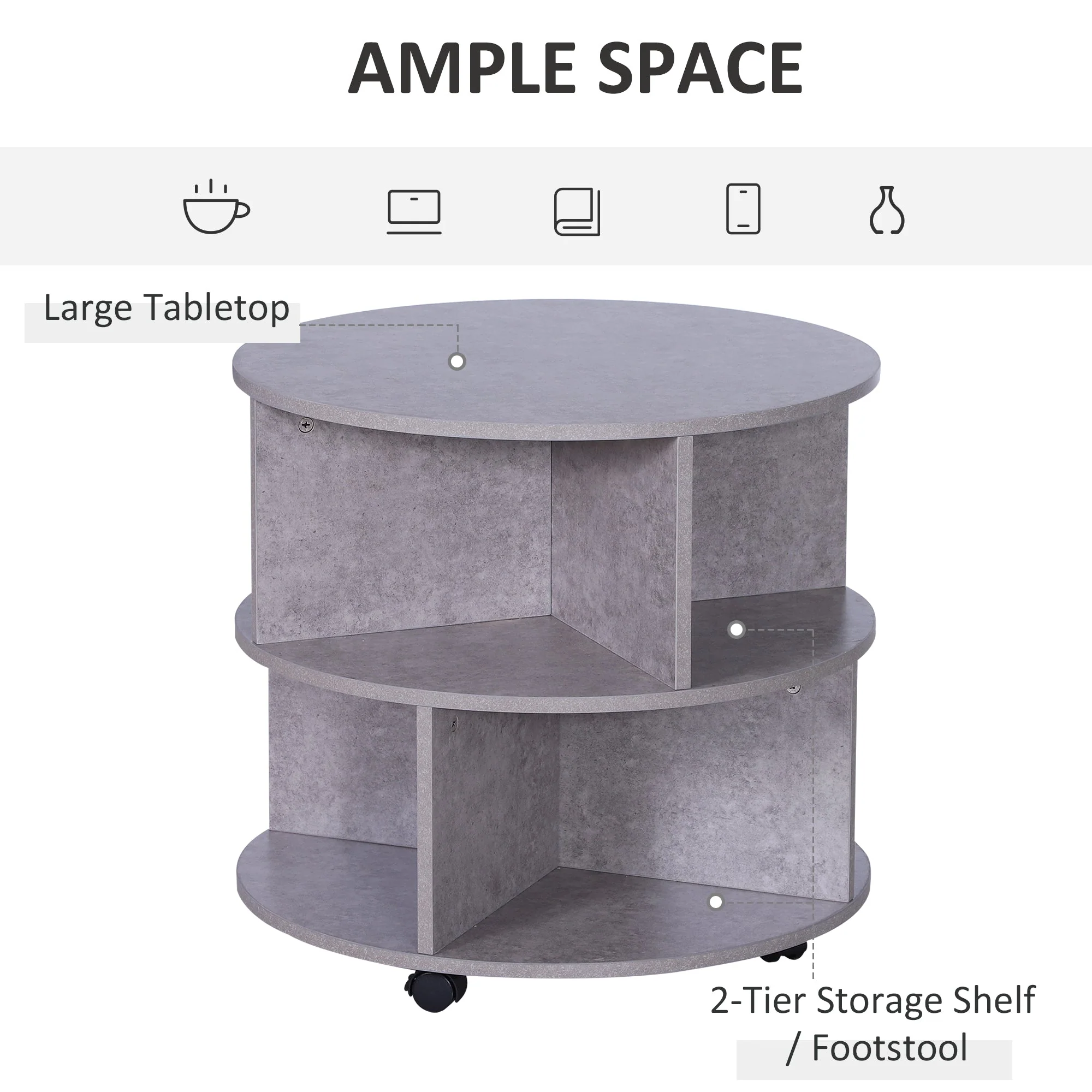 2 Tier Round Side End Table Coffee Desk with Divided Shelves Tea Table Storage Unit Living Room Organiser with Wheels - Cement colour - Image 6