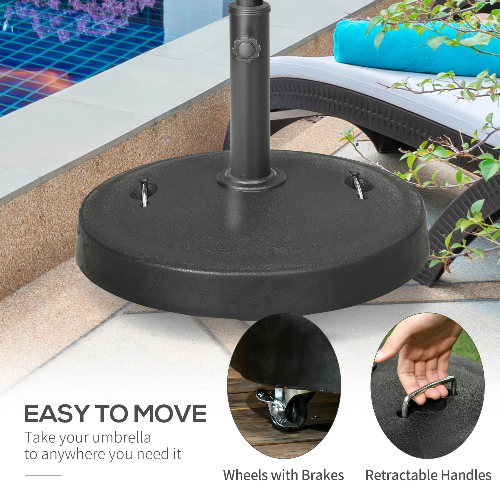 23.5kg Resin Garden Parasol Base with Wheels and Retractable Handles - Image 4