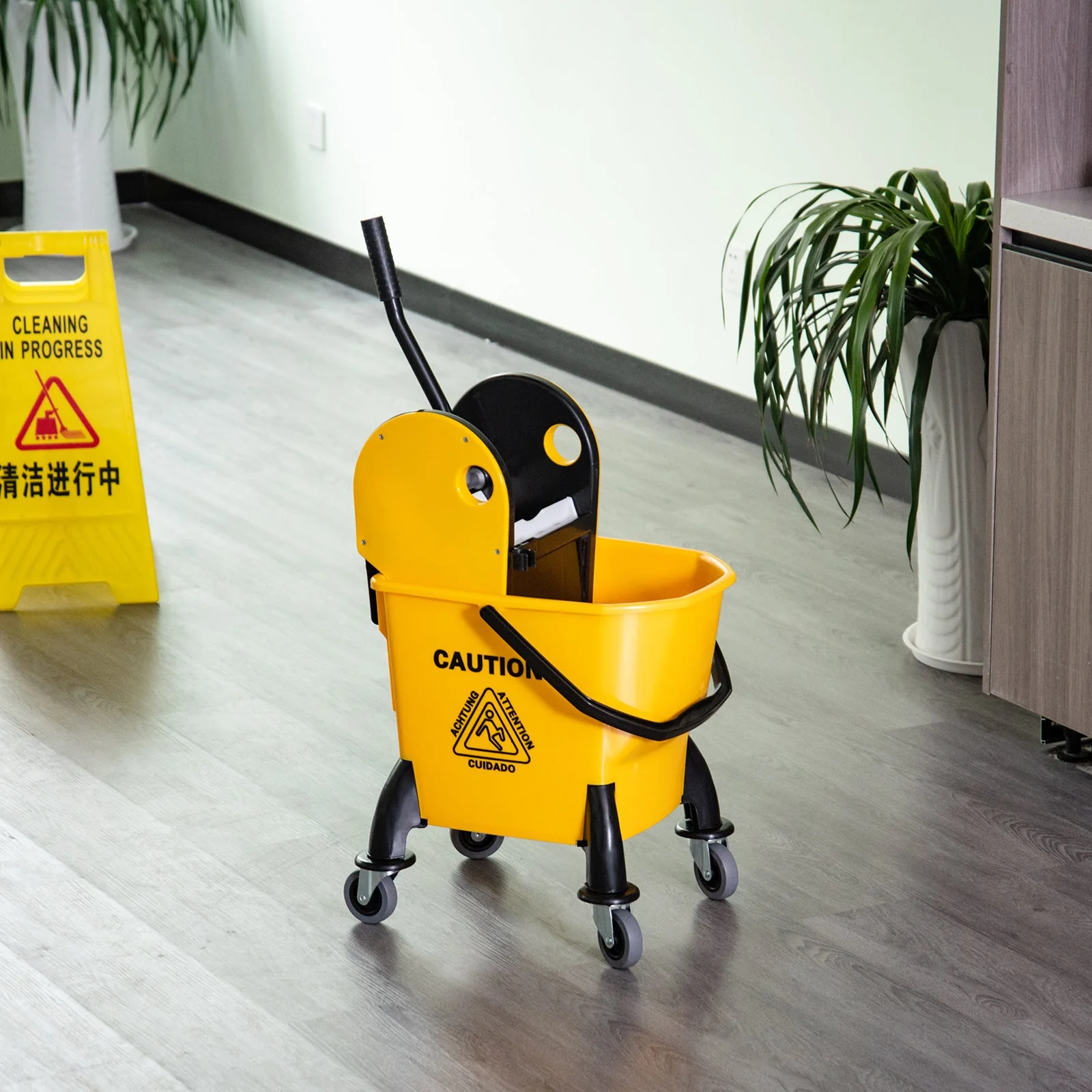 26L Mop Bucket & Water Wringer w/ 4 Wheels Plastic Body Metal Handle Pole Holder Home Commercial Cleaning Floor Cart Yellow - Image 2