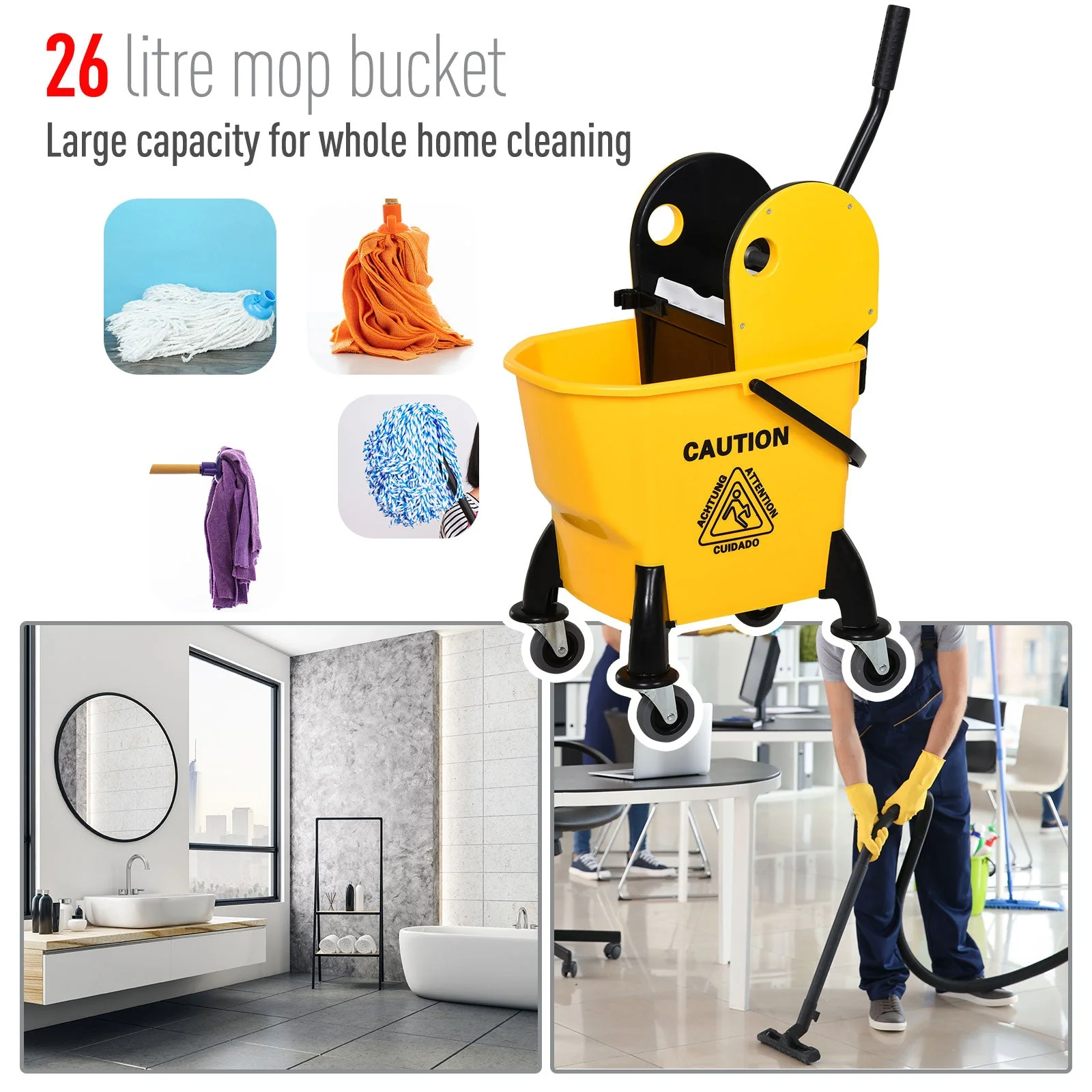 26L Mop Bucket & Water Wringer w/ 4 Wheels Plastic Body Metal Handle Pole Holder Home Commercial Cleaning Floor Cart Yellow - Image 4