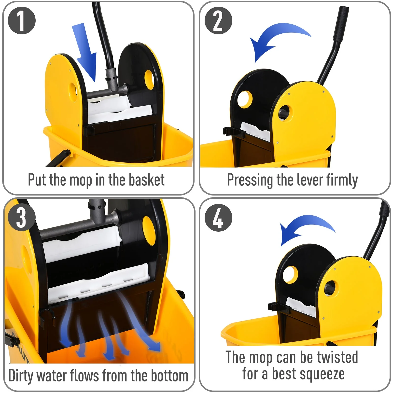26L Mop Bucket & Water Wringer w/ 4 Wheels Plastic Body Metal Handle Pole Holder Home Commercial Cleaning Floor Cart Yellow - Image 5