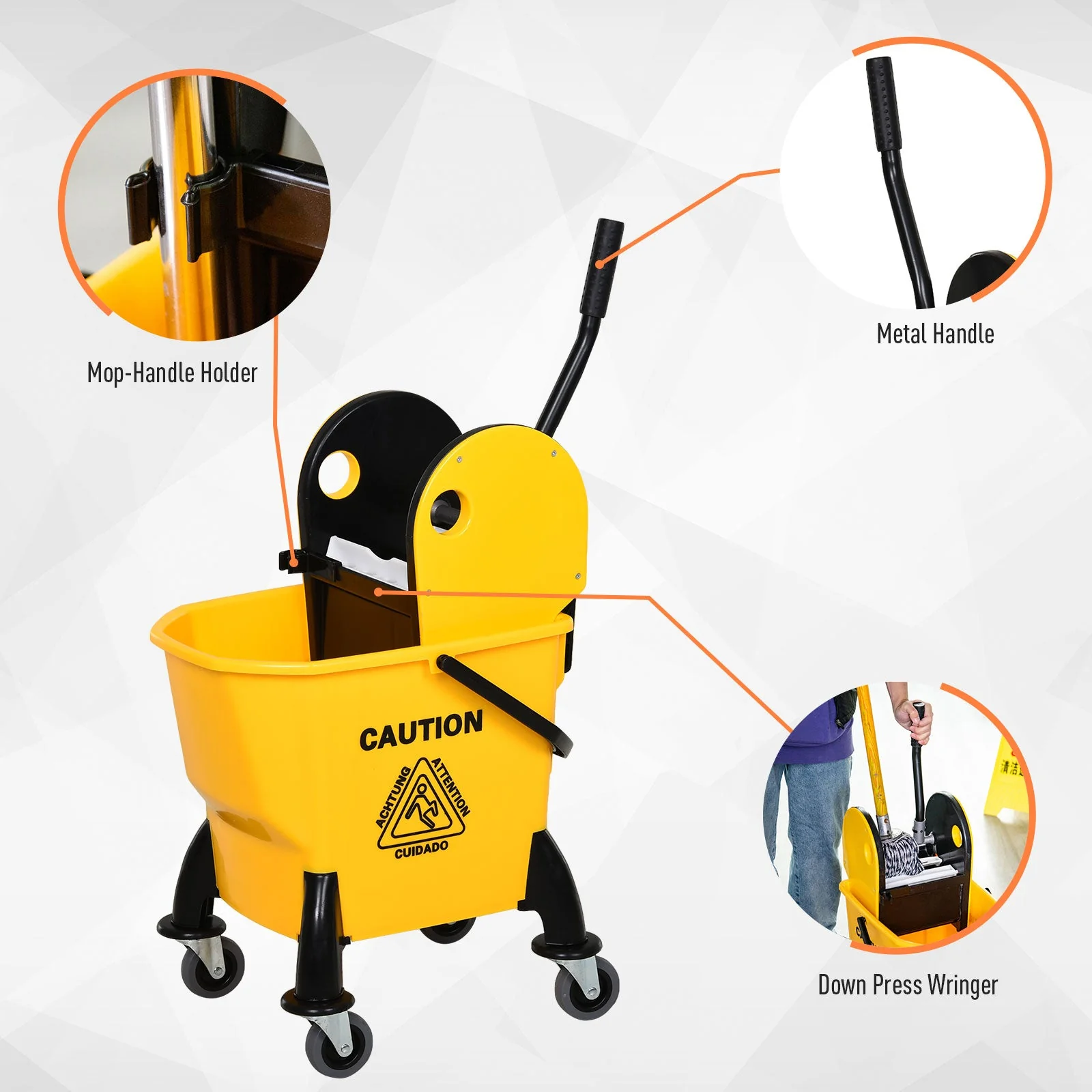 26L Mop Bucket & Water Wringer w/ 4 Wheels Plastic Body Metal Handle Pole Holder Home Commercial Cleaning Floor Cart Yellow - Image 6