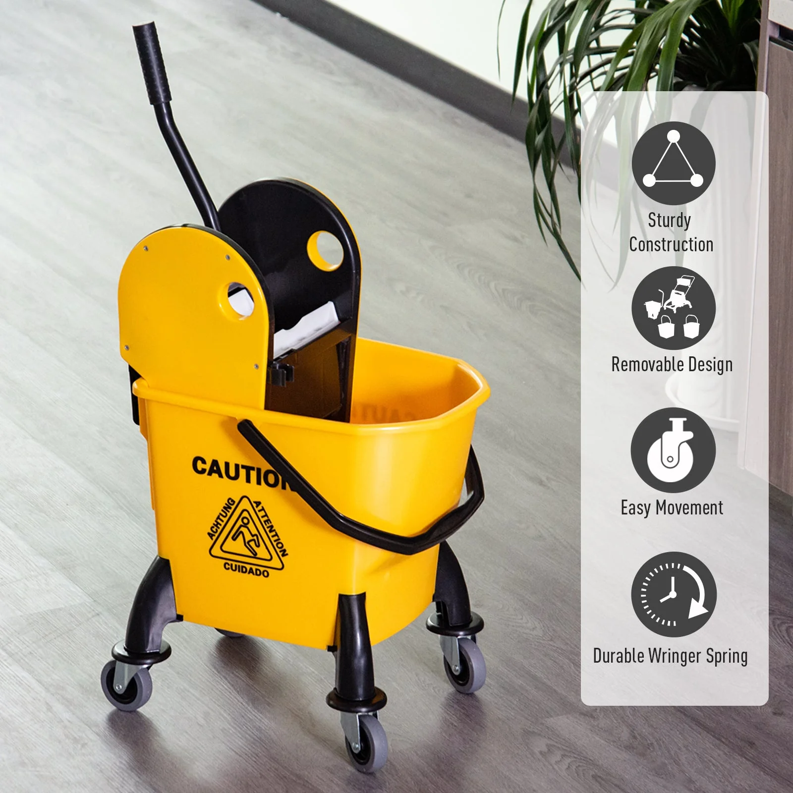 26L Mop Bucket & Water Wringer w/ 4 Wheels Plastic Body Metal Handle Pole Holder Home Commercial Cleaning Floor Cart Yellow - Image 7