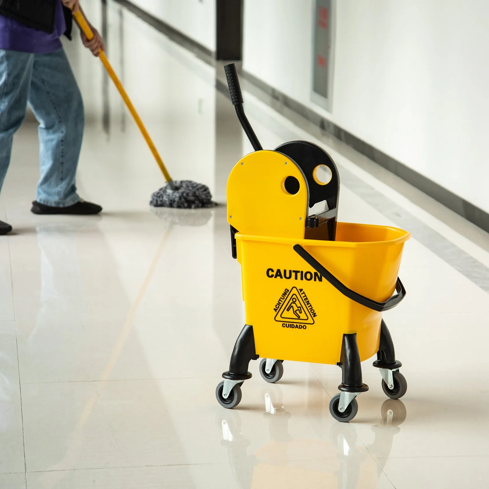26L Mop Bucket & Water Wringer w/ 4 Wheels Plastic Body Metal Handle Pole Holder Home Commercial Cleaning Floor Cart Yellow - Image 9