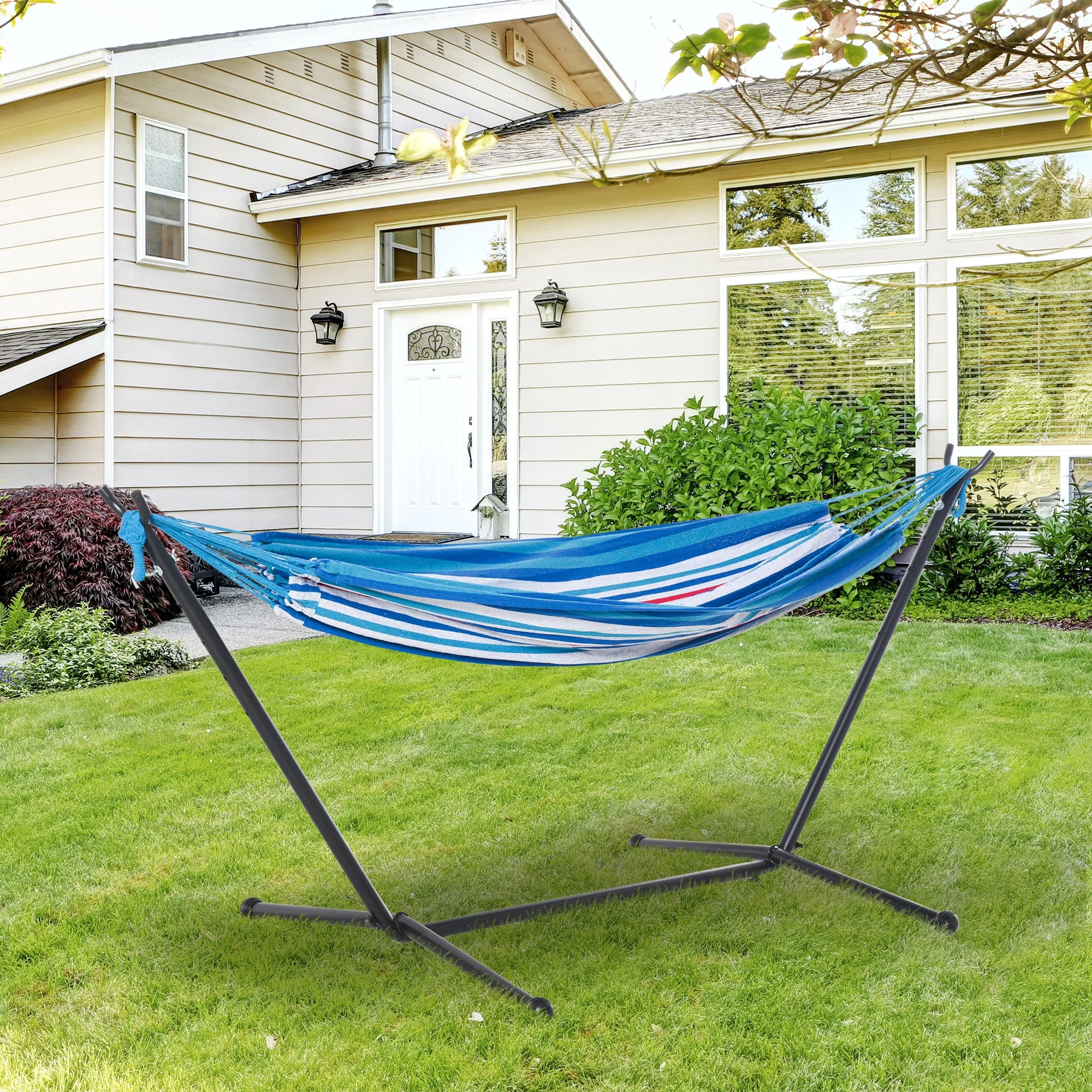 277 x 121cm Hammock with Metal Stand Portable Carrying Bag 120kg White Stripe - Image 2