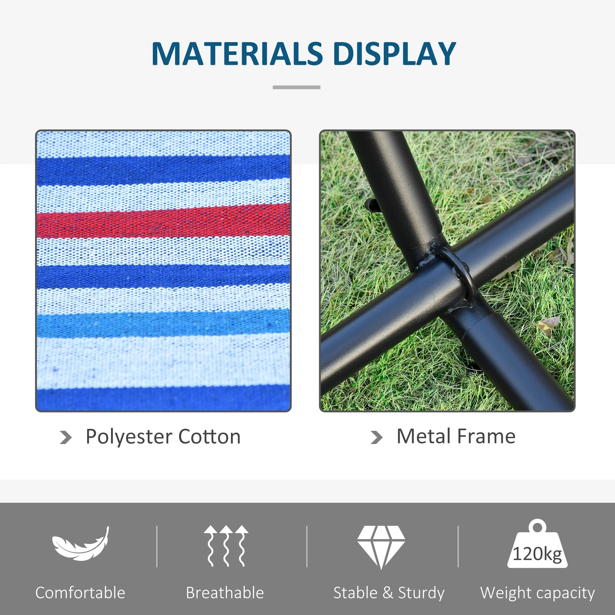 277 x 121cm Hammock with Metal Stand Portable Carrying Bag 120kg White Stripe - Image 5