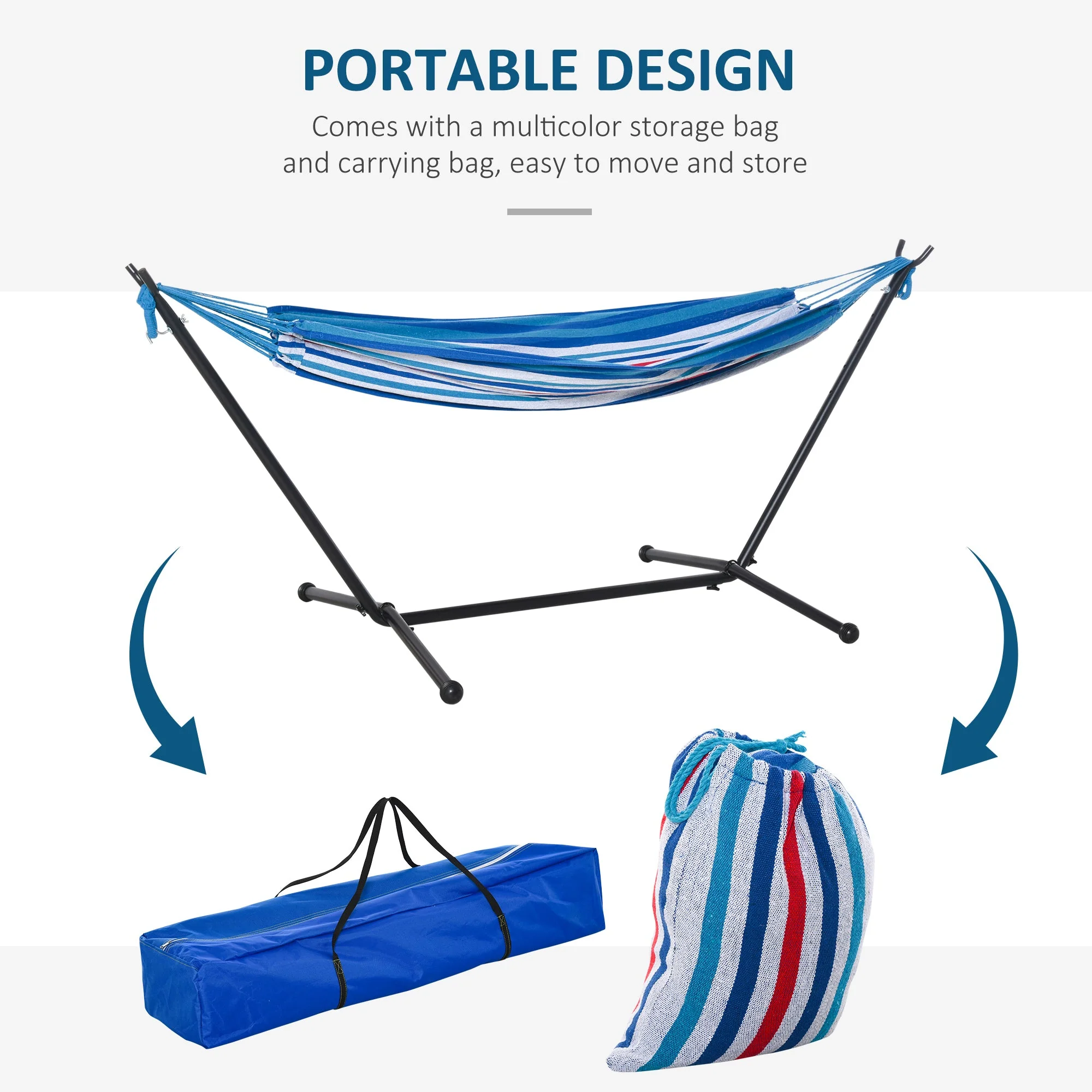 277 x 121cm Hammock with Metal Stand Portable Carrying Bag 120kg White Stripe - Image 7