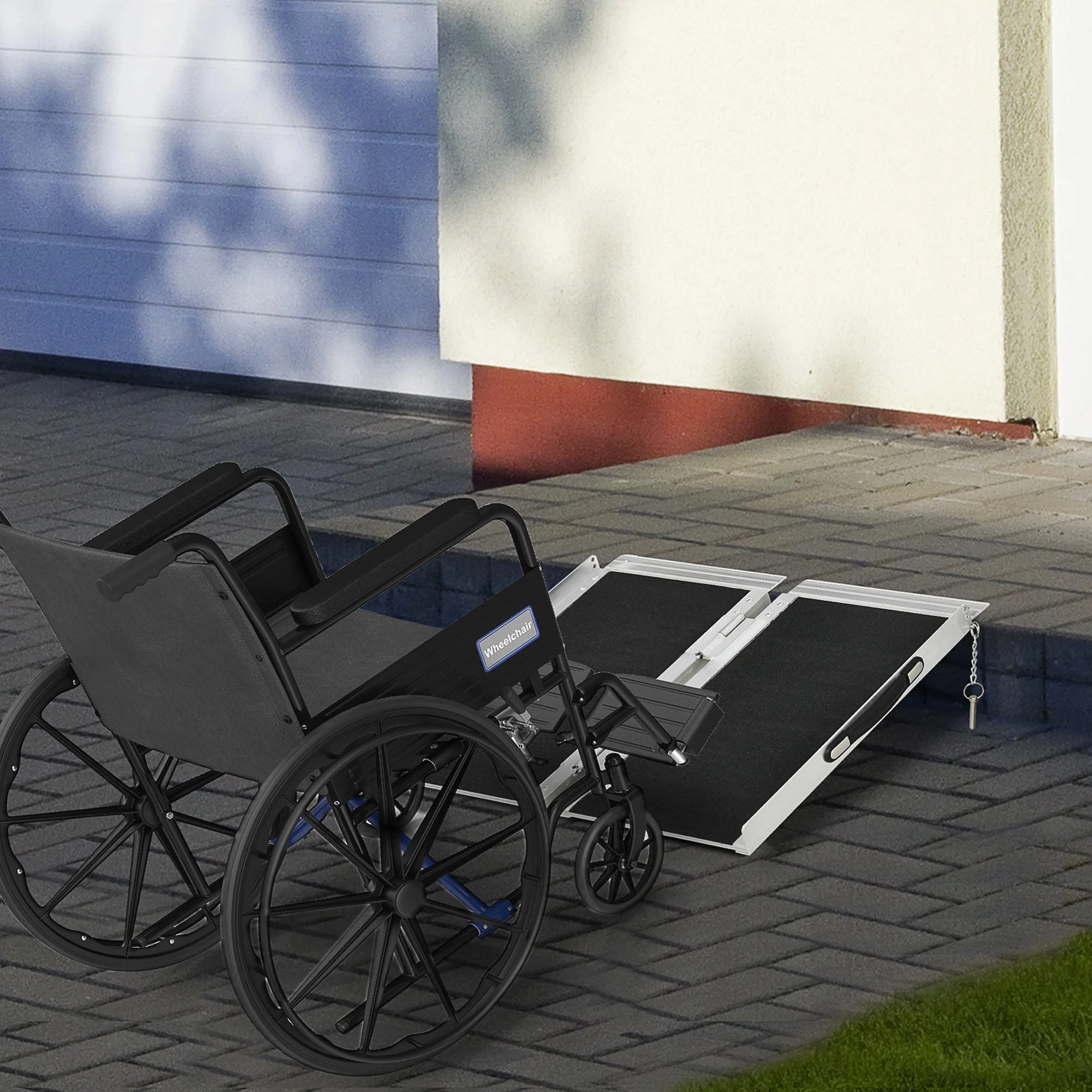 2ft Aluminium Duo Wheelchair Ramp Pushchair Mobility Assistance Folding w/ Carry Handle Locking Chain Portable 61L x 72W cm - Image 2