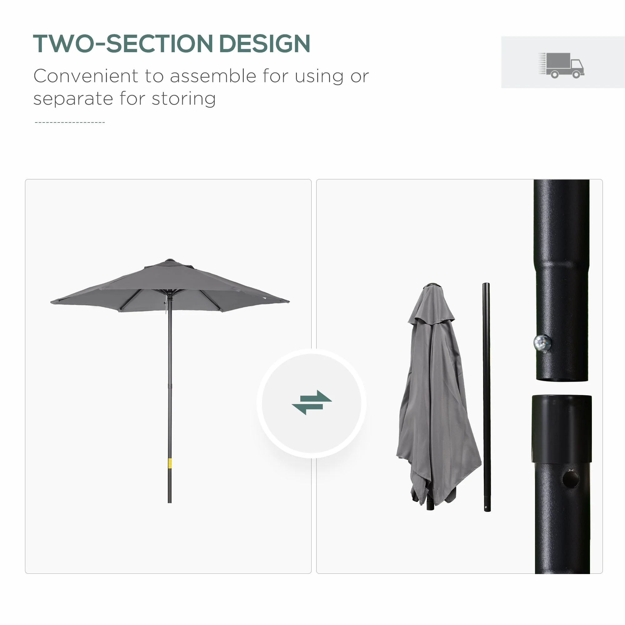 2m Aluminium Pole Garden Parasol - Dark Grey - Image 4