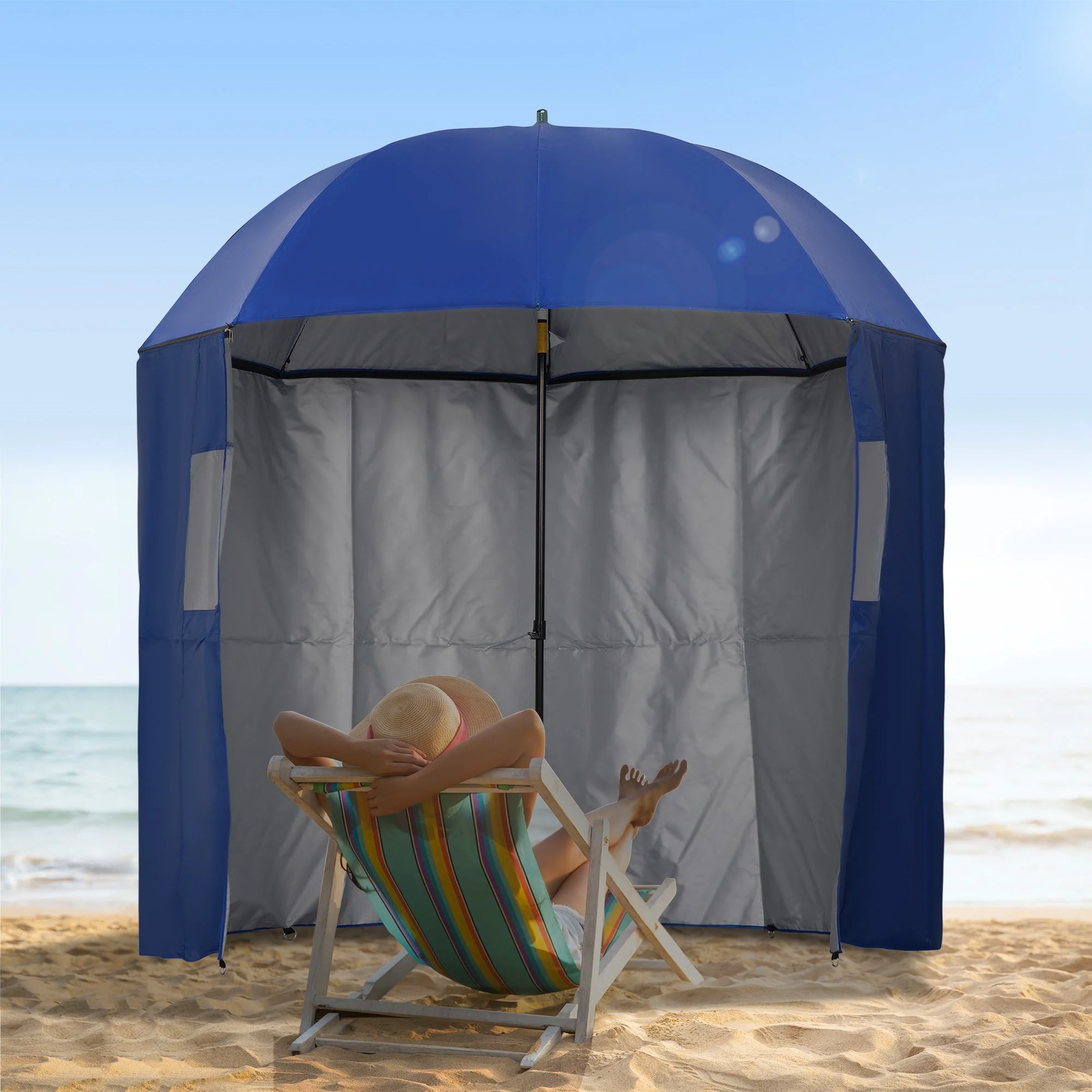 2m Beach Parasol Fishing Umbrella Brolly with Sides and Push Botton Tilt Sun Shade Shelter with Carry Bag - Image 2