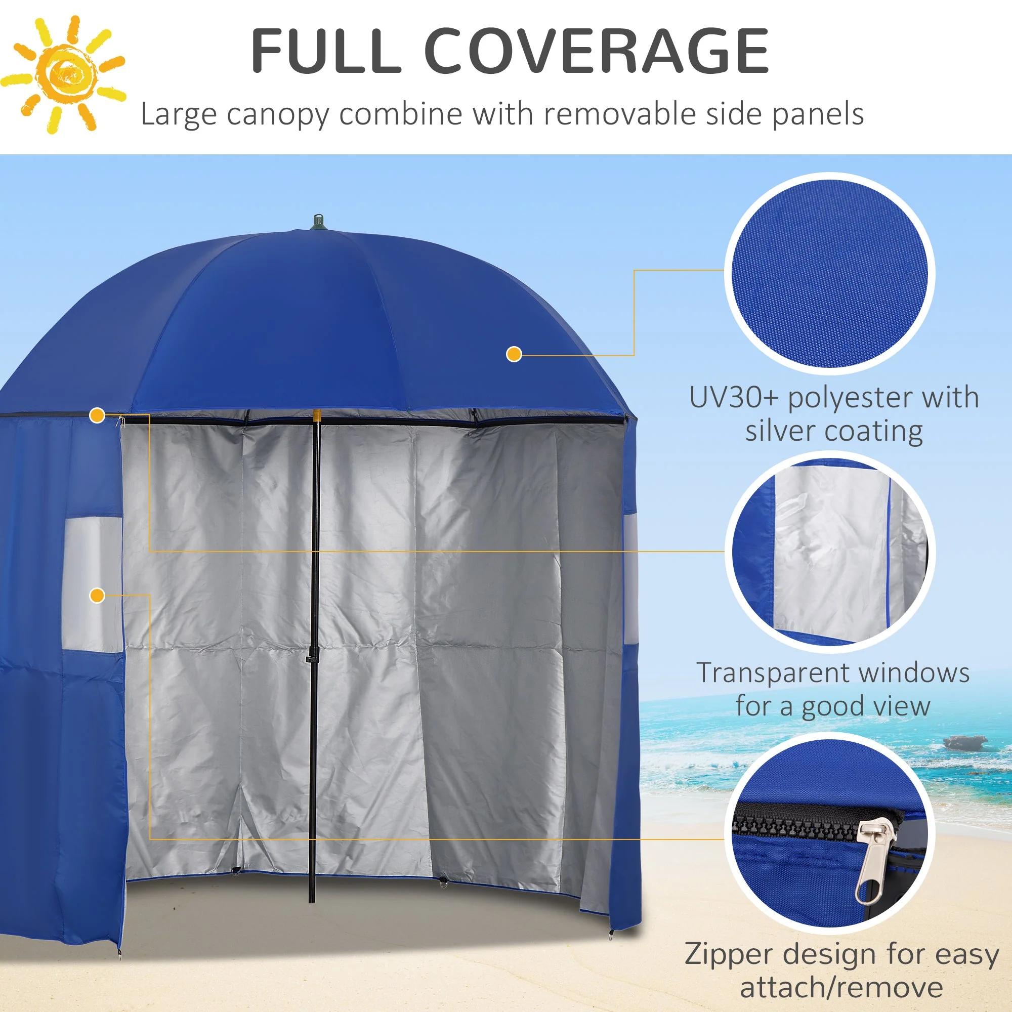 2m Beach Parasol Fishing Umbrella Brolly with Sides and Push Botton Tilt Sun Shade Shelter with Carry Bag - Image 4