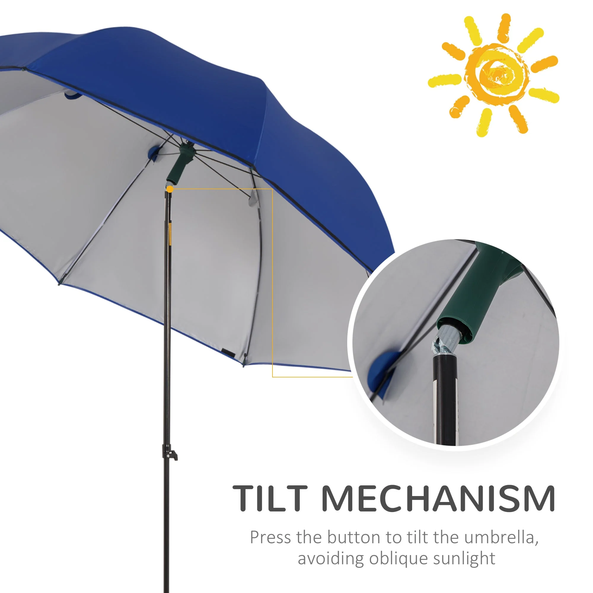 2m Beach Parasol Fishing Umbrella Brolly with Sides and Push Botton Tilt Sun Shade Shelter with Carry Bag - Image 5