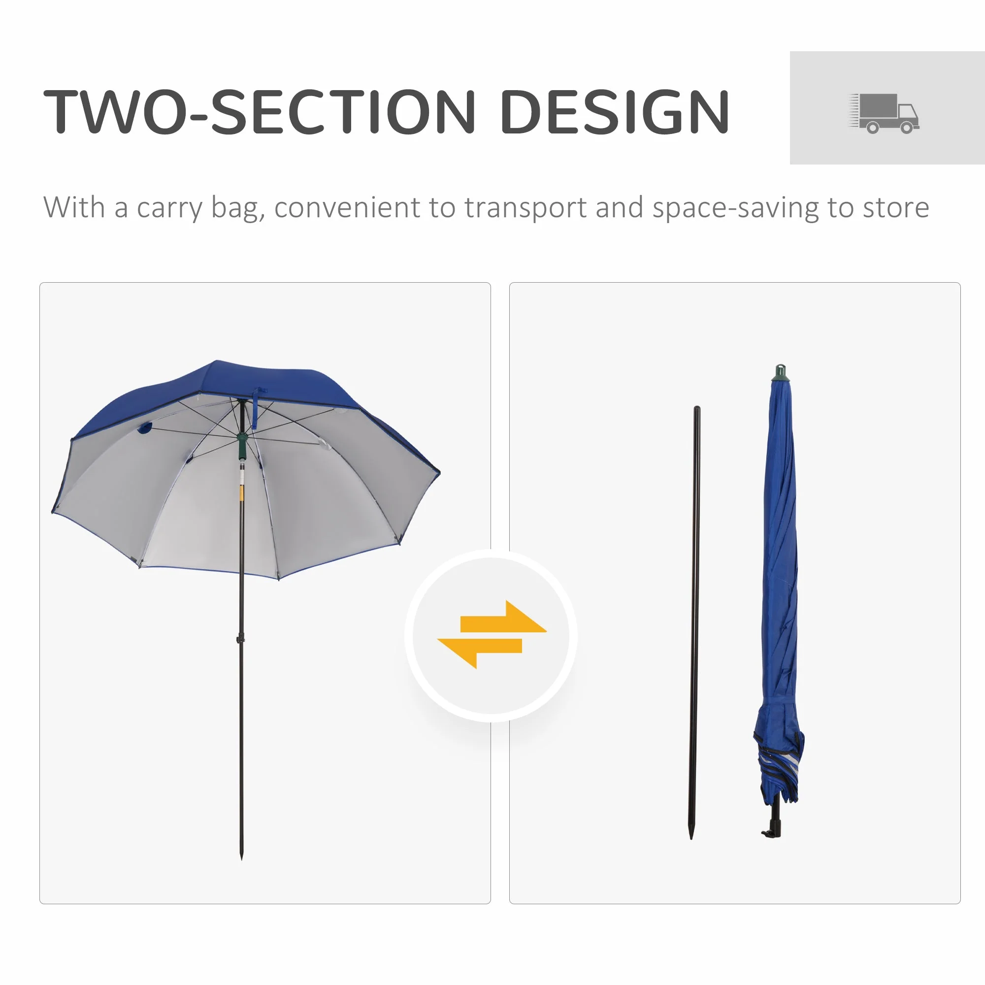 2m Beach Parasol Fishing Umbrella Brolly with Sides and Push Botton Tilt Sun Shade Shelter with Carry Bag - Image 6