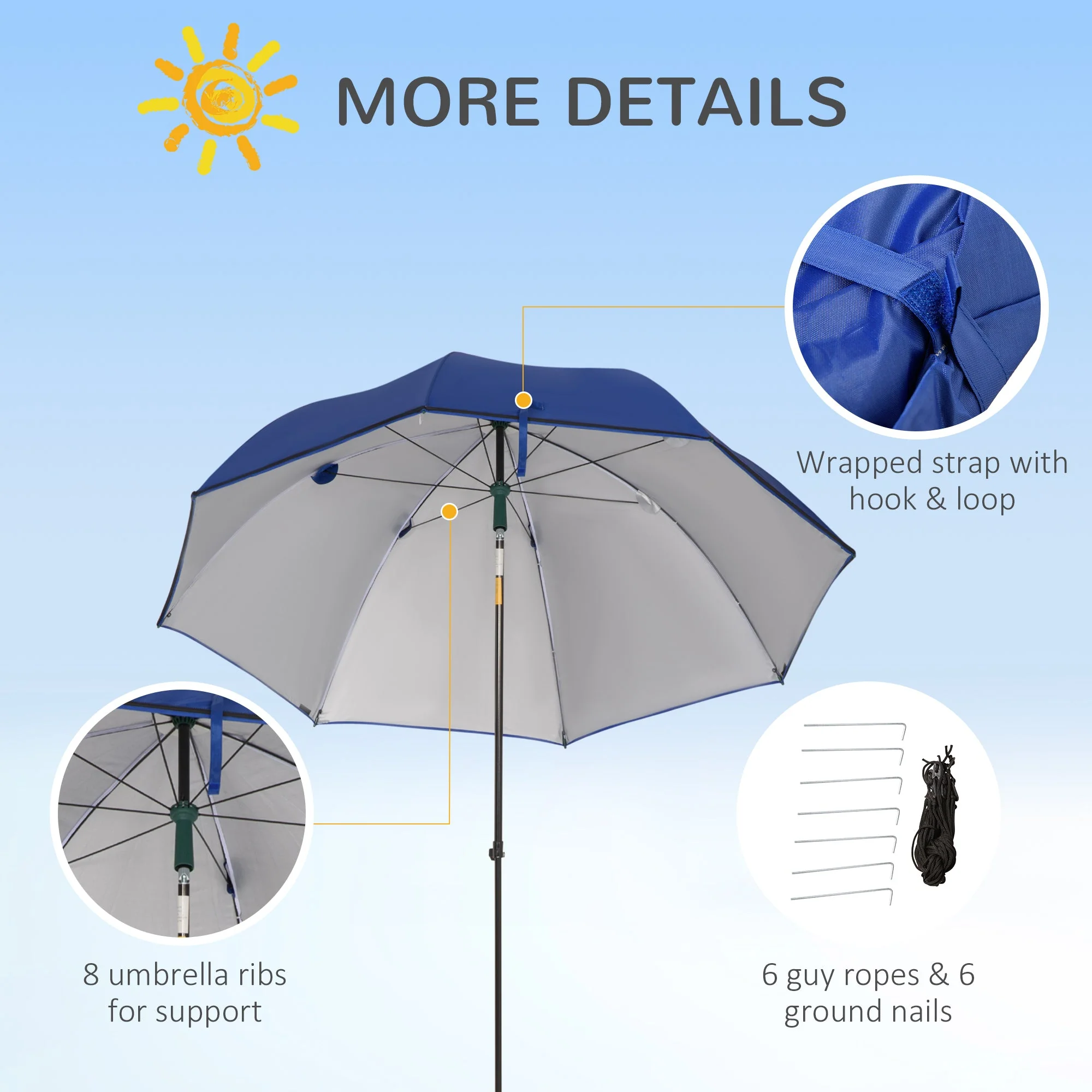2m Beach Parasol Fishing Umbrella Brolly with Sides and Push Botton Tilt Sun Shade Shelter with Carry Bag - Image 8