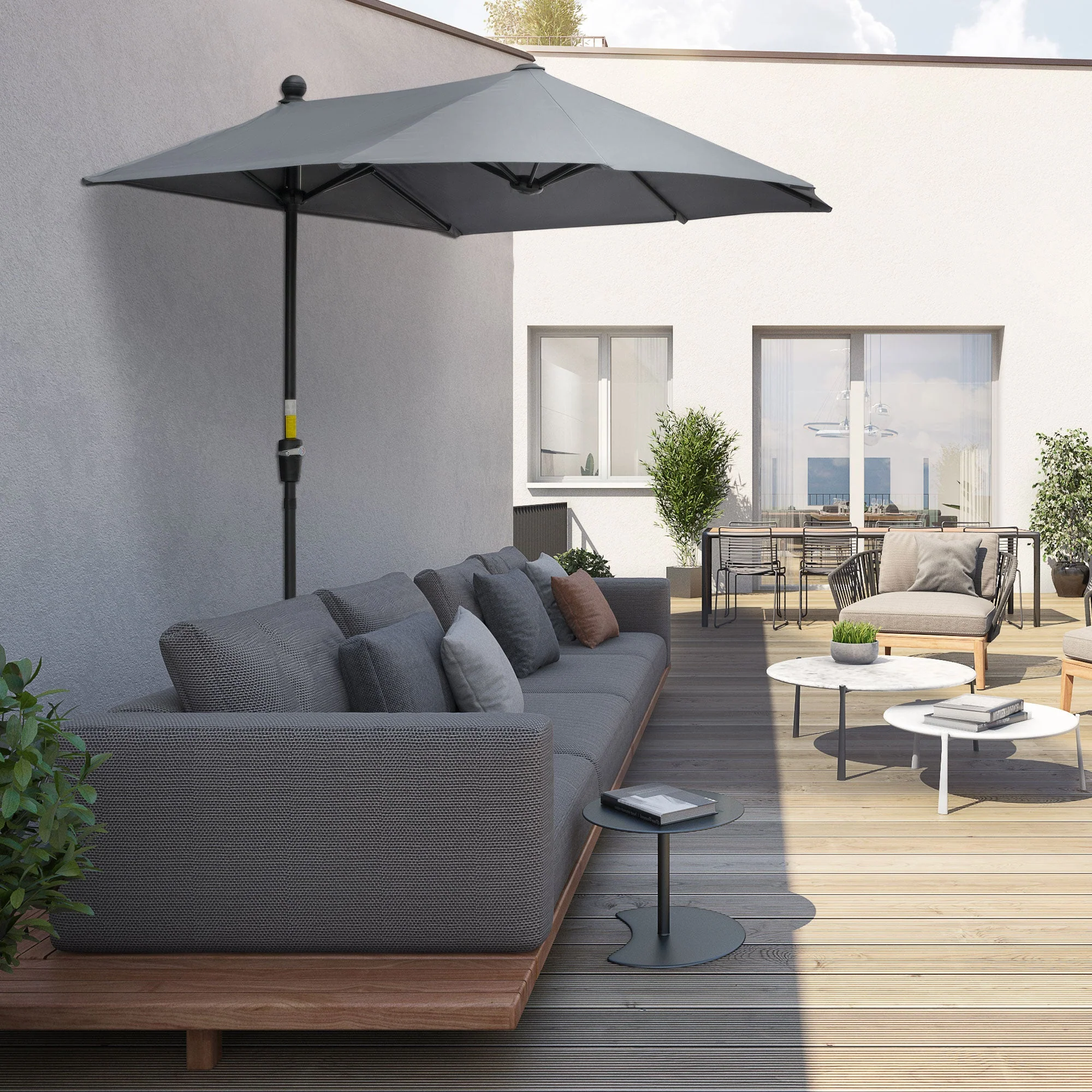 2m Half Parasol Market Umbrella Garden Balcony Parasol with Crank Handle - Image 2