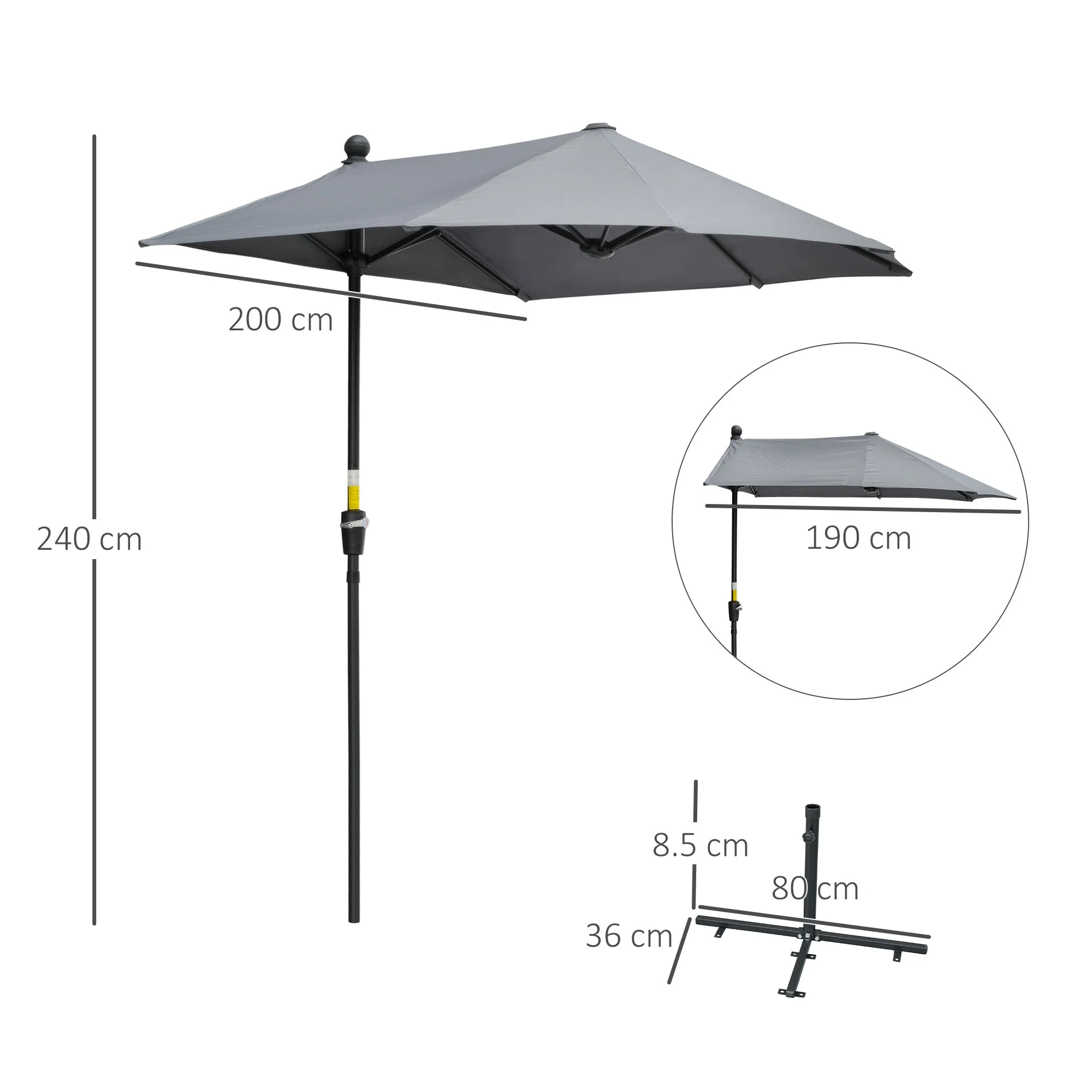 2m Half Parasol Market Umbrella Garden Balcony Parasol with Crank Handle - Image 3