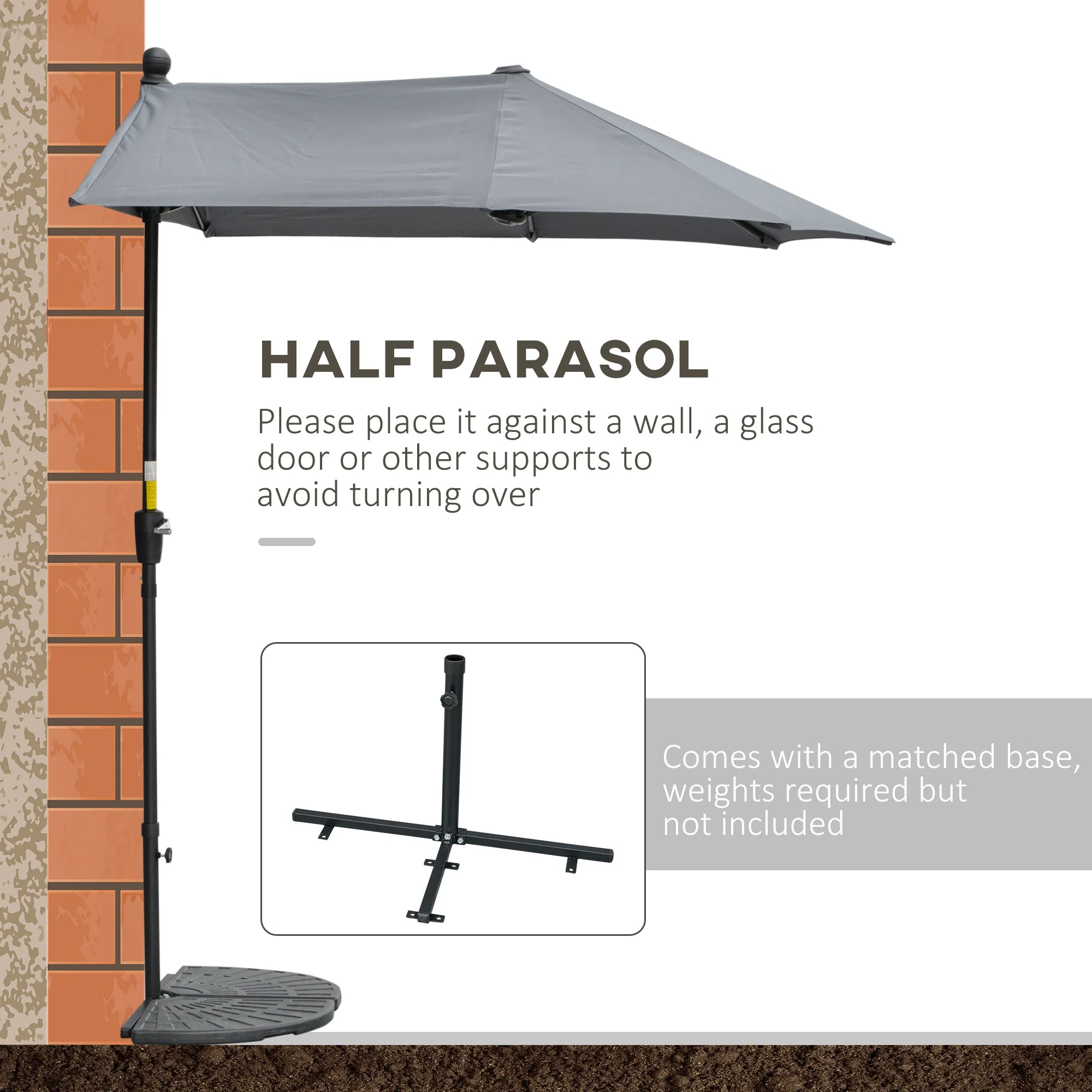 2m Half Parasol Market Umbrella Garden Balcony Parasol with Crank Handle - Image 4