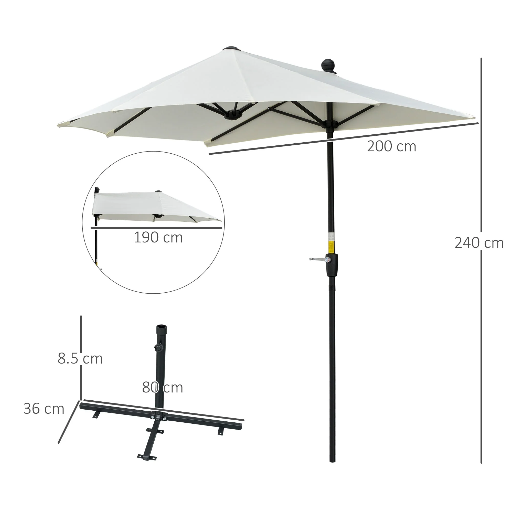 2m Half Parasol Market Umbrella Garden Balcony Parasol with Crank Handle - Image 3