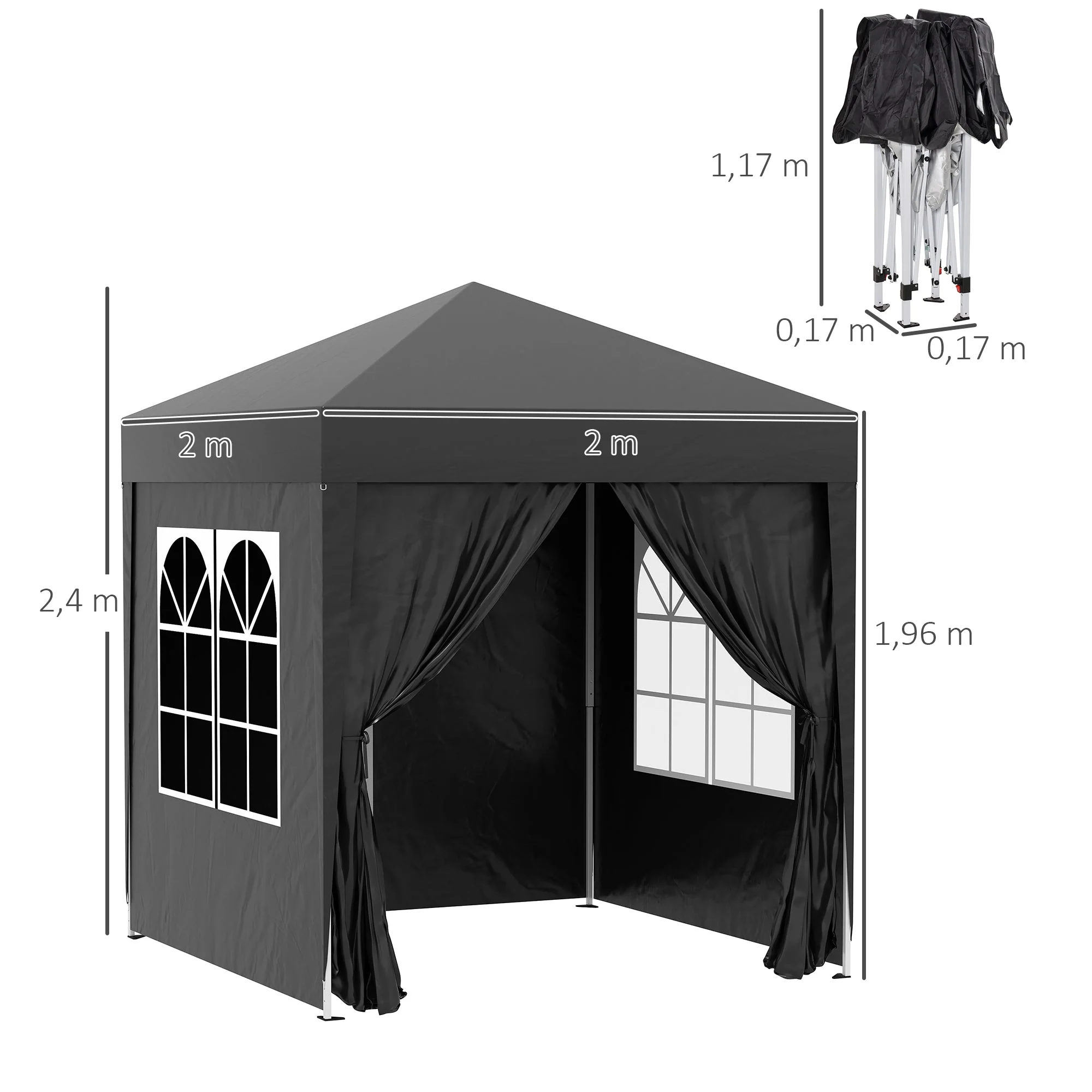 2m x 2m Garden Pop Up Gazebo Marquee Party Tent Wedding Awning Canopy New With free Carrying Case Black + Removable 2 Walls 2 Windows - Image 3