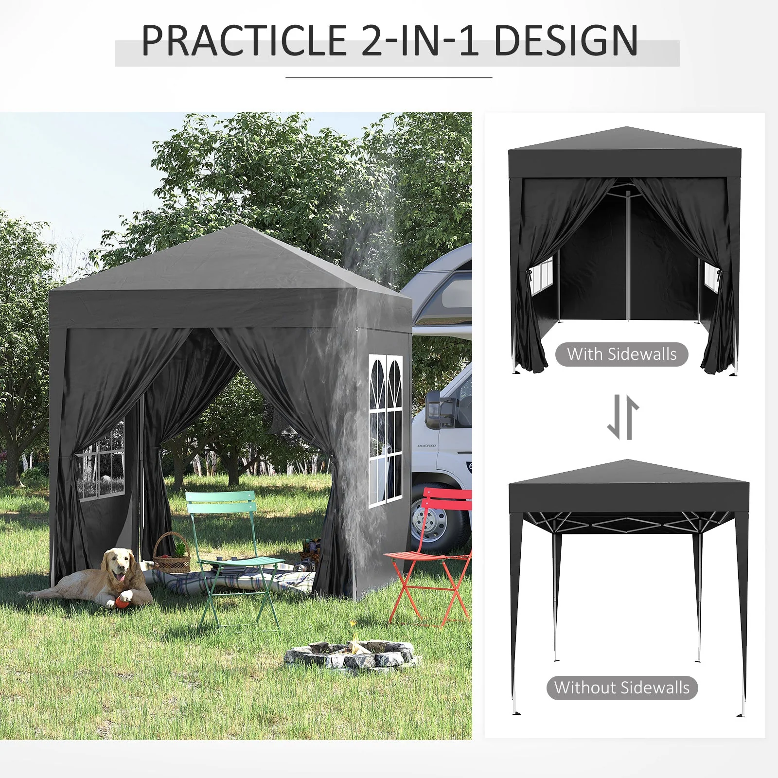 2m x 2m Garden Pop Up Gazebo Marquee Party Tent Wedding Awning Canopy New With free Carrying Case Black + Removable 2 Walls 2 Windows - Image 5