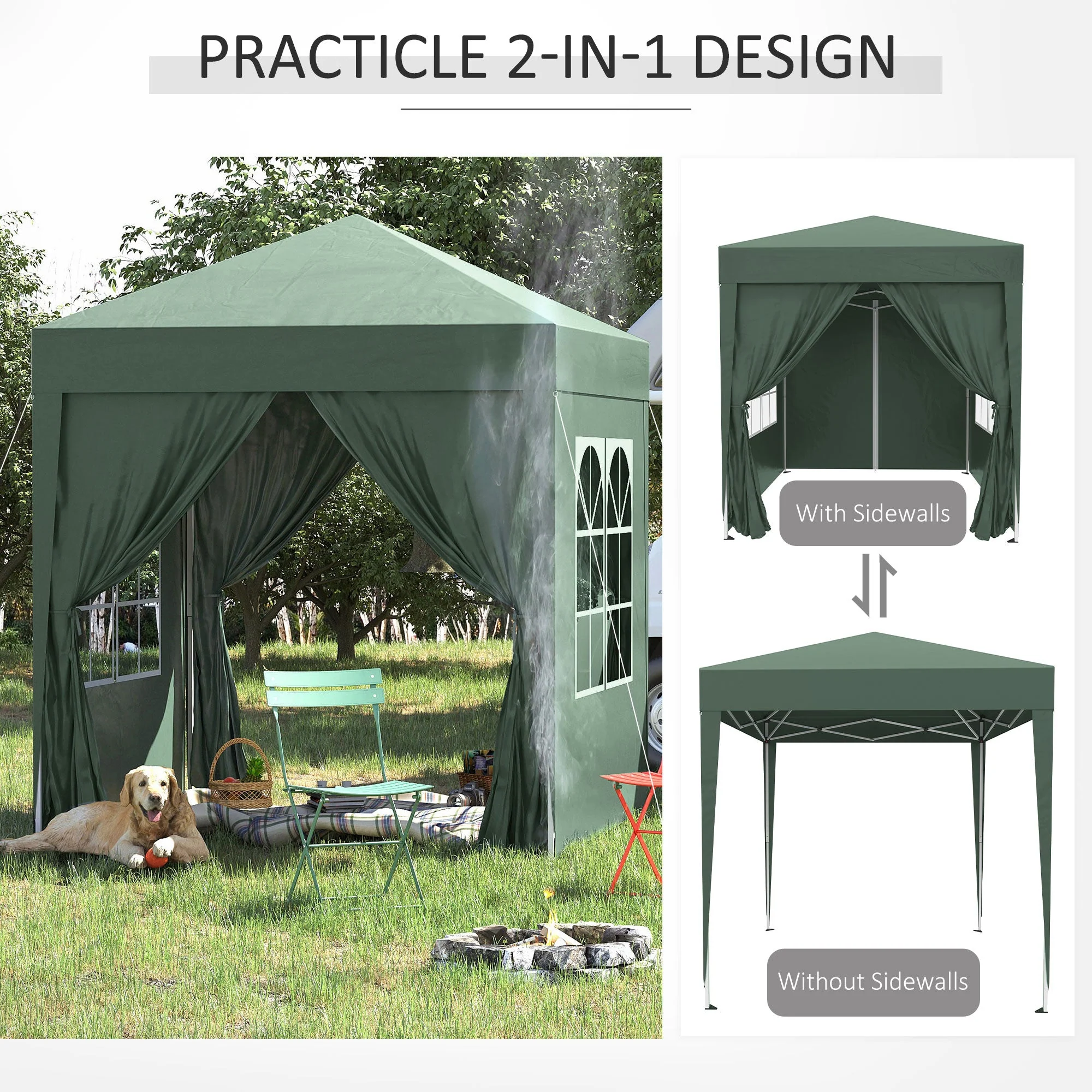 2m x 2m Garden Pop Up Gazebo Marquee Party Tent Wedding Awning Canopy New With free Carrying Case Green + Removable 2 Walls 2 Windows - Image 4