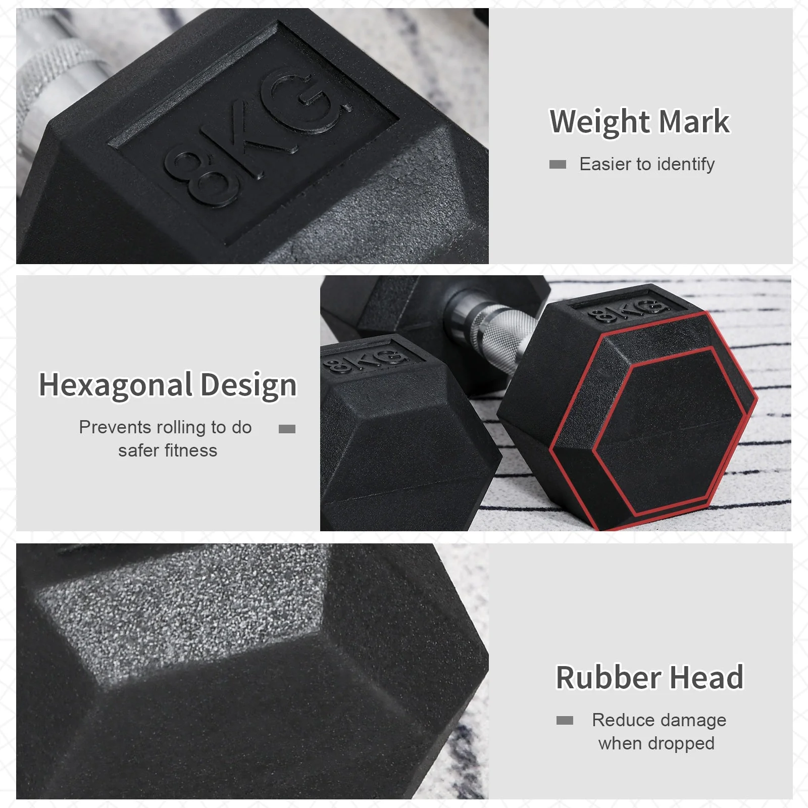 2x8kg Hex Dumbbell Rubber Weights Sets Hexagonal Gym Fitness Lifting Home - Image 4