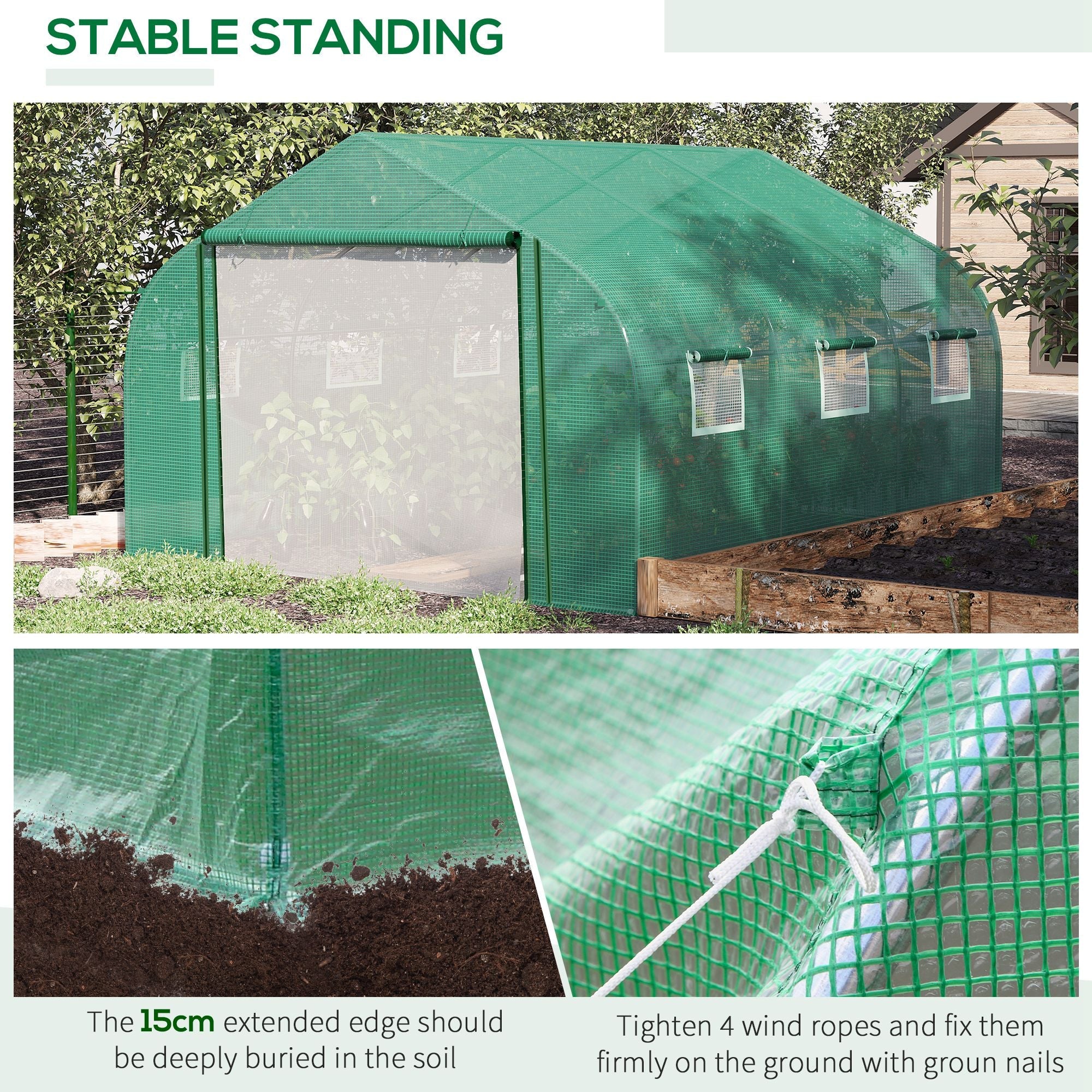 3.47 x 3 x 2m Walk-in Tunnel Greenhouse w/ Roll Up Door and 6 Windows - Image 5
