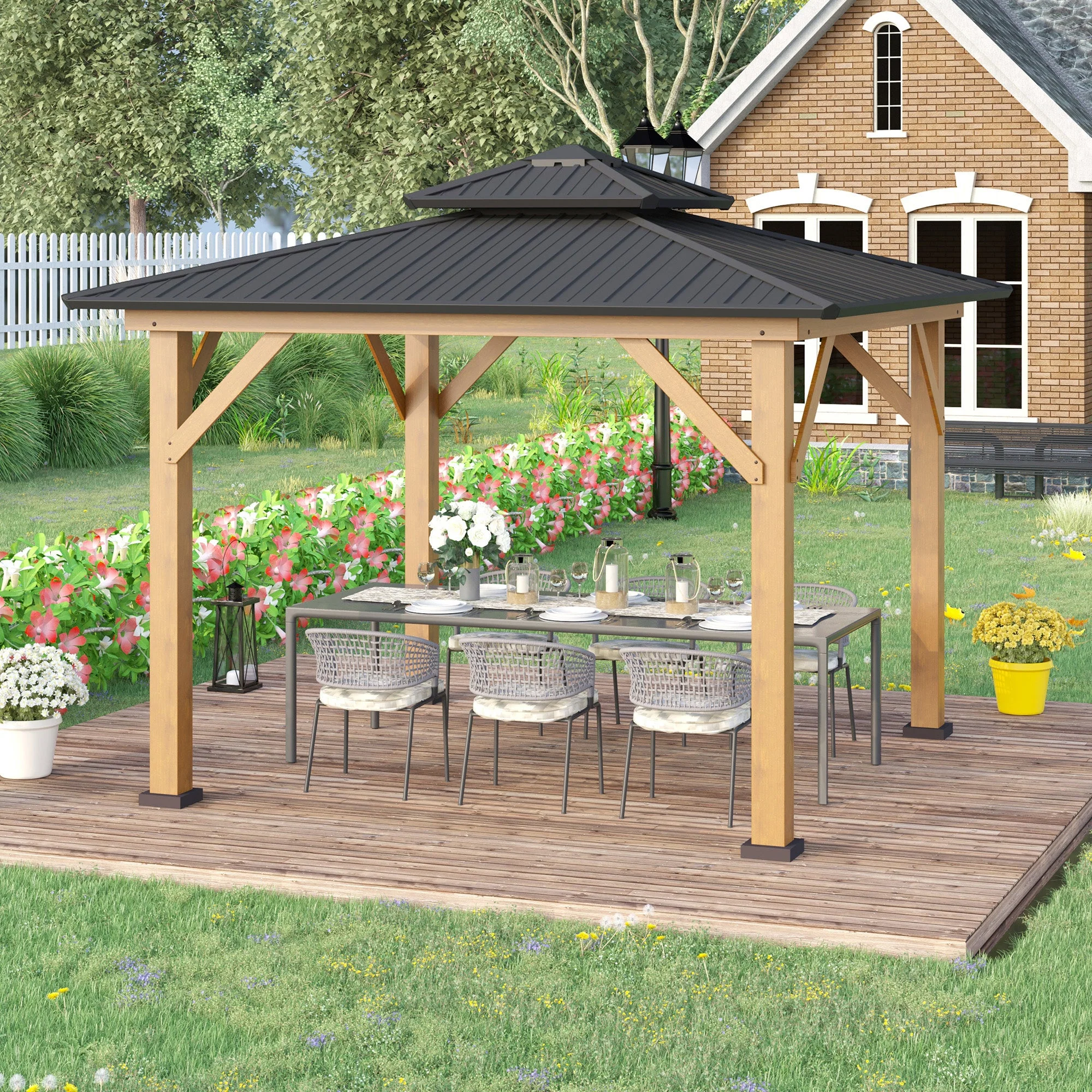 3.5 x 3.5m Outdoor Hardtop Gazebo Canopy with Two-tier Metal Roof and Solid Wood Frame Outdoor Patio Shelter for Patio - Image 2