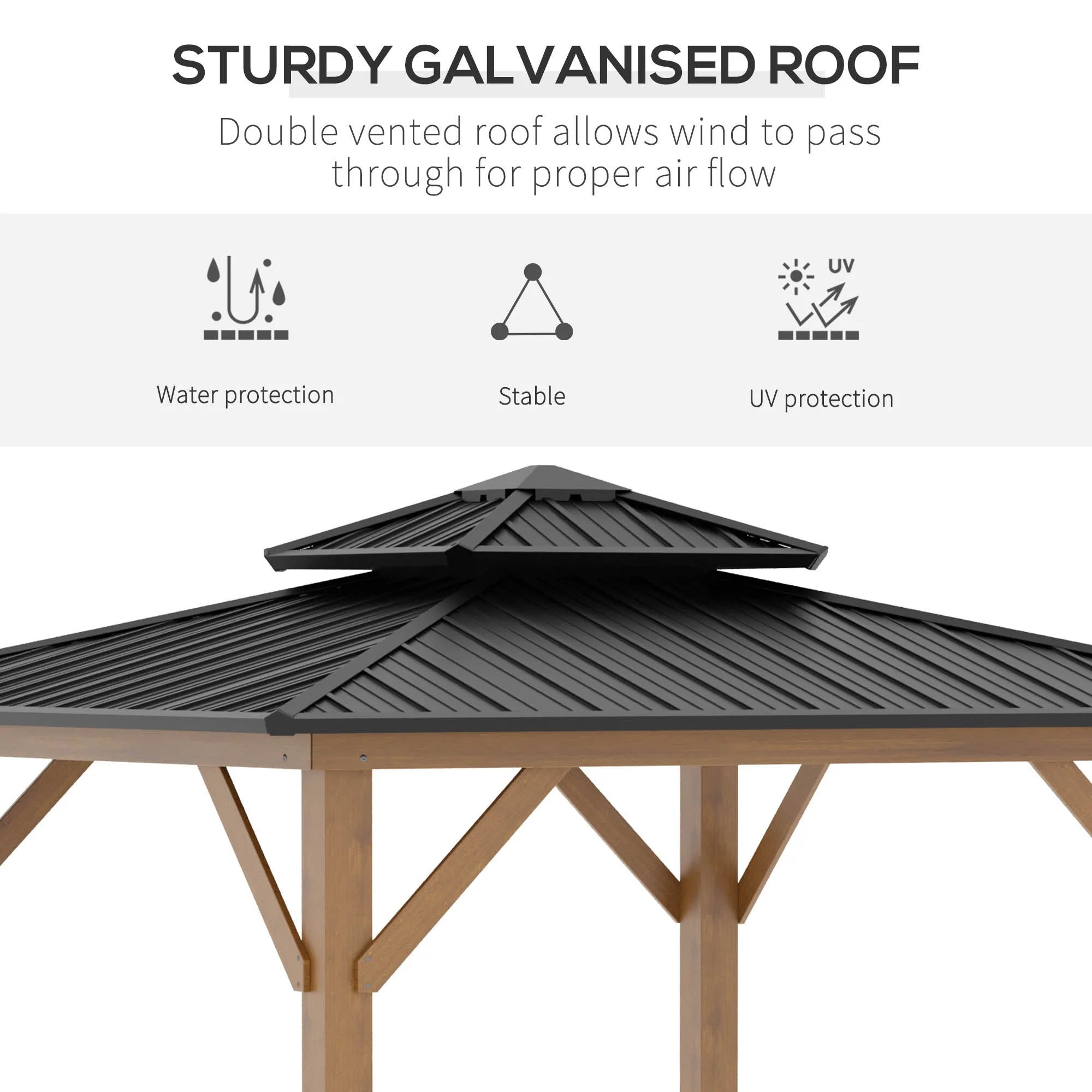 3.5 x 3.5m Outdoor Hardtop Gazebo Canopy with Two-tier Metal Roof and Solid Wood Frame Outdoor Patio Shelter for Patio - Image 4