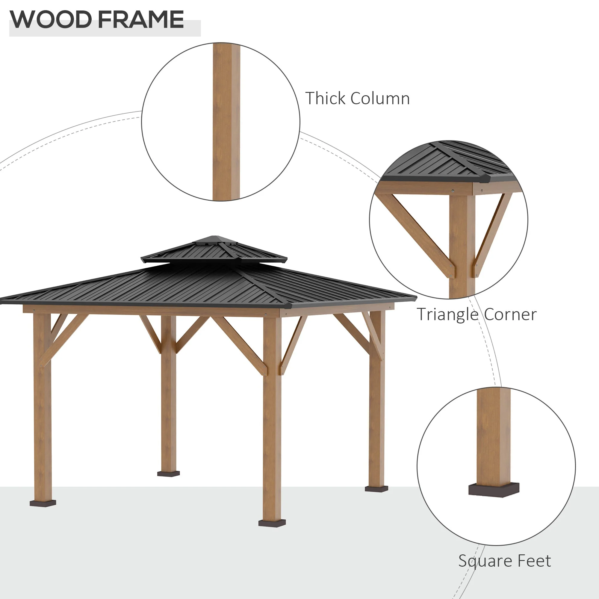 3.5 x 3.5m Outdoor Hardtop Gazebo Canopy with Two-tier Metal Roof and Solid Wood Frame Outdoor Patio Shelter for Patio - Image 5