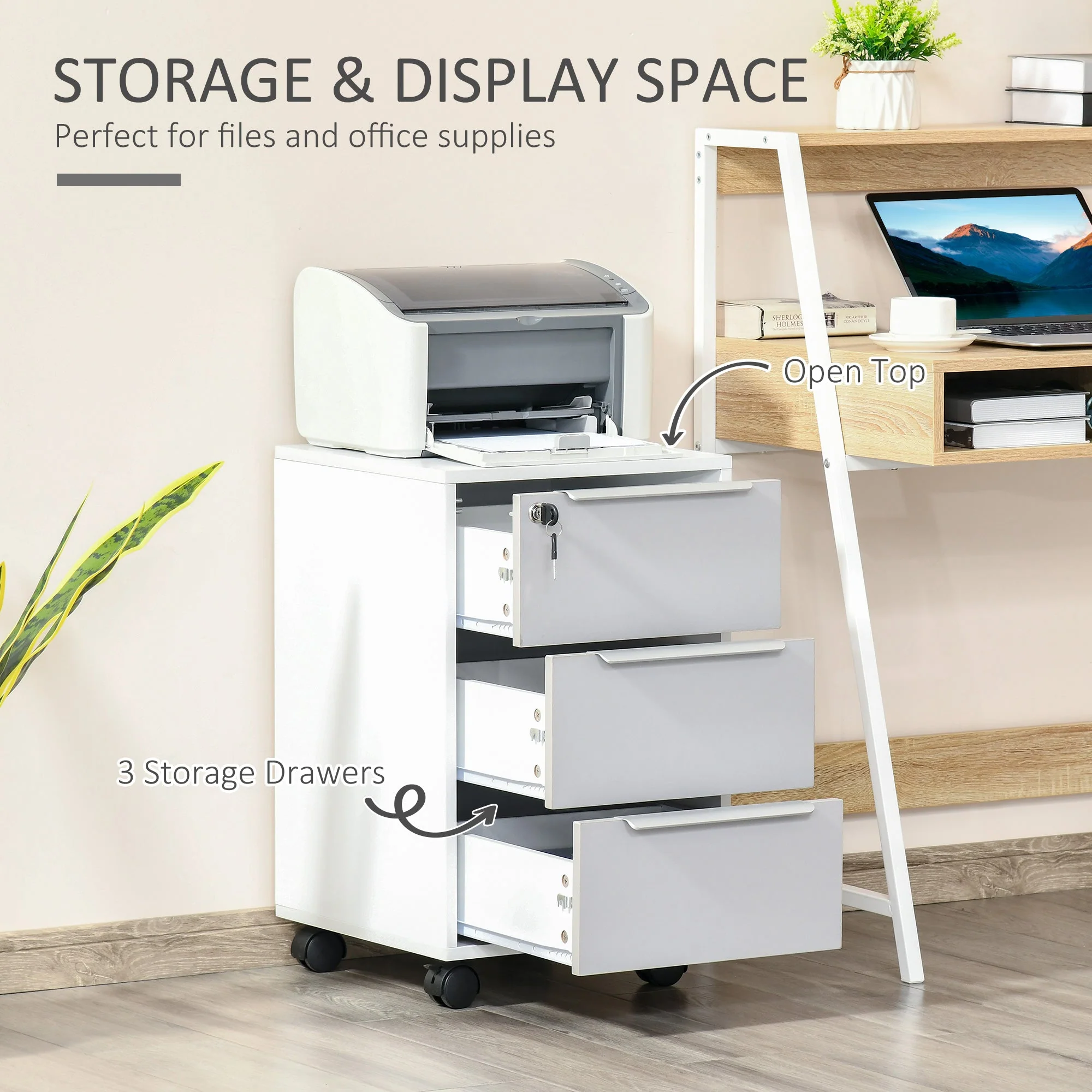 3-Drawer Locking File Cabinet Mobile Chest of Drawers Side Table on Wheels - Image 4