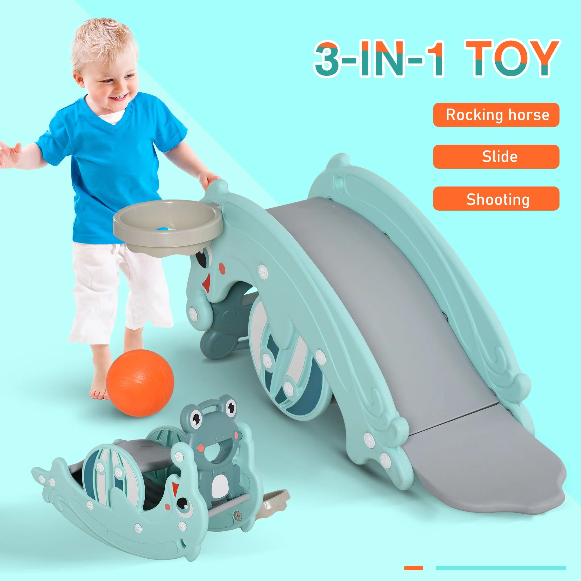 3-in-1 Baby Rocking Horse Portable Slide Basketball Hoop Equipment Indoor Outdoor Playground Toy - Image 6