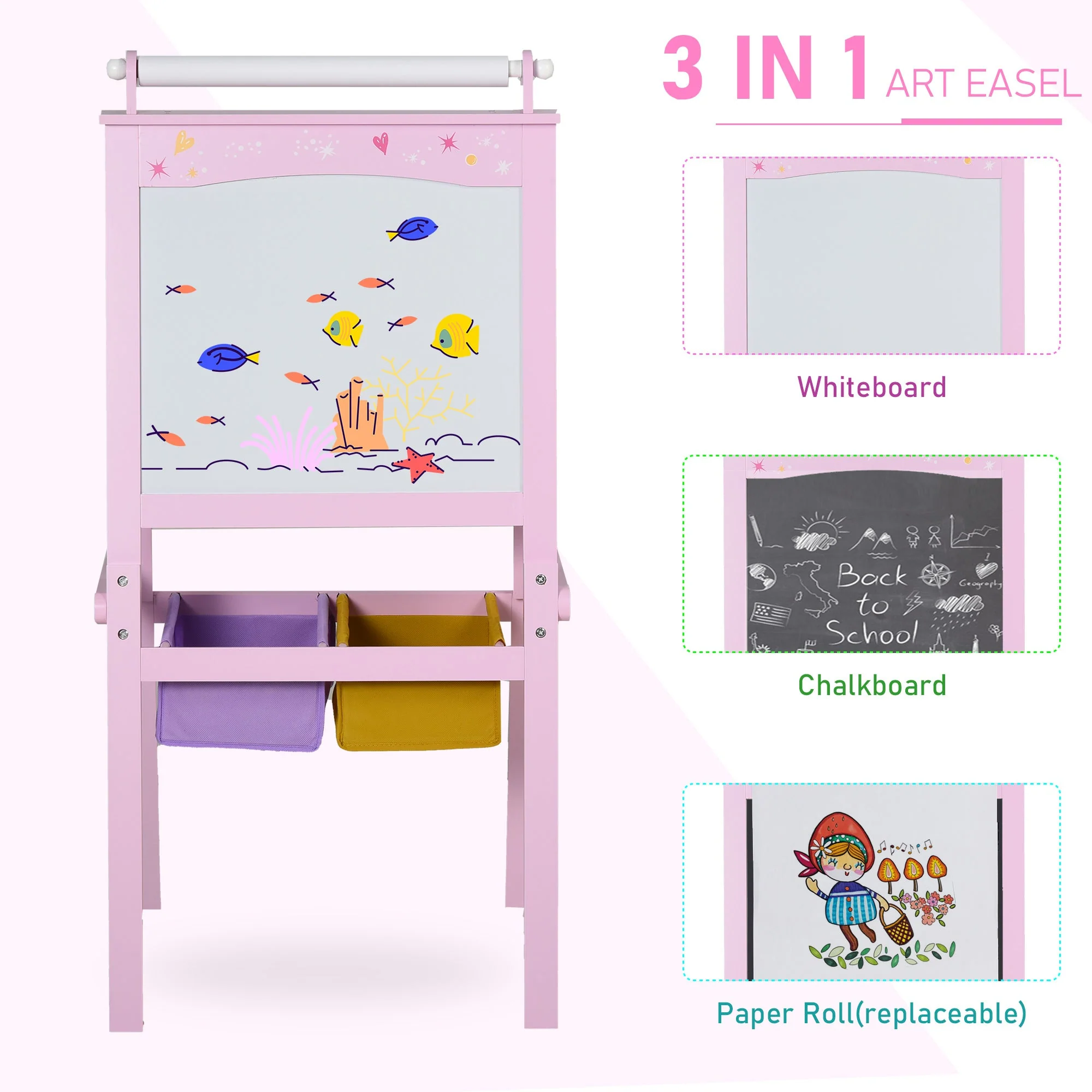 3 In 1 Kid's Wooden Art Easel with Dual-Sides and Storage Baskets - Image 4