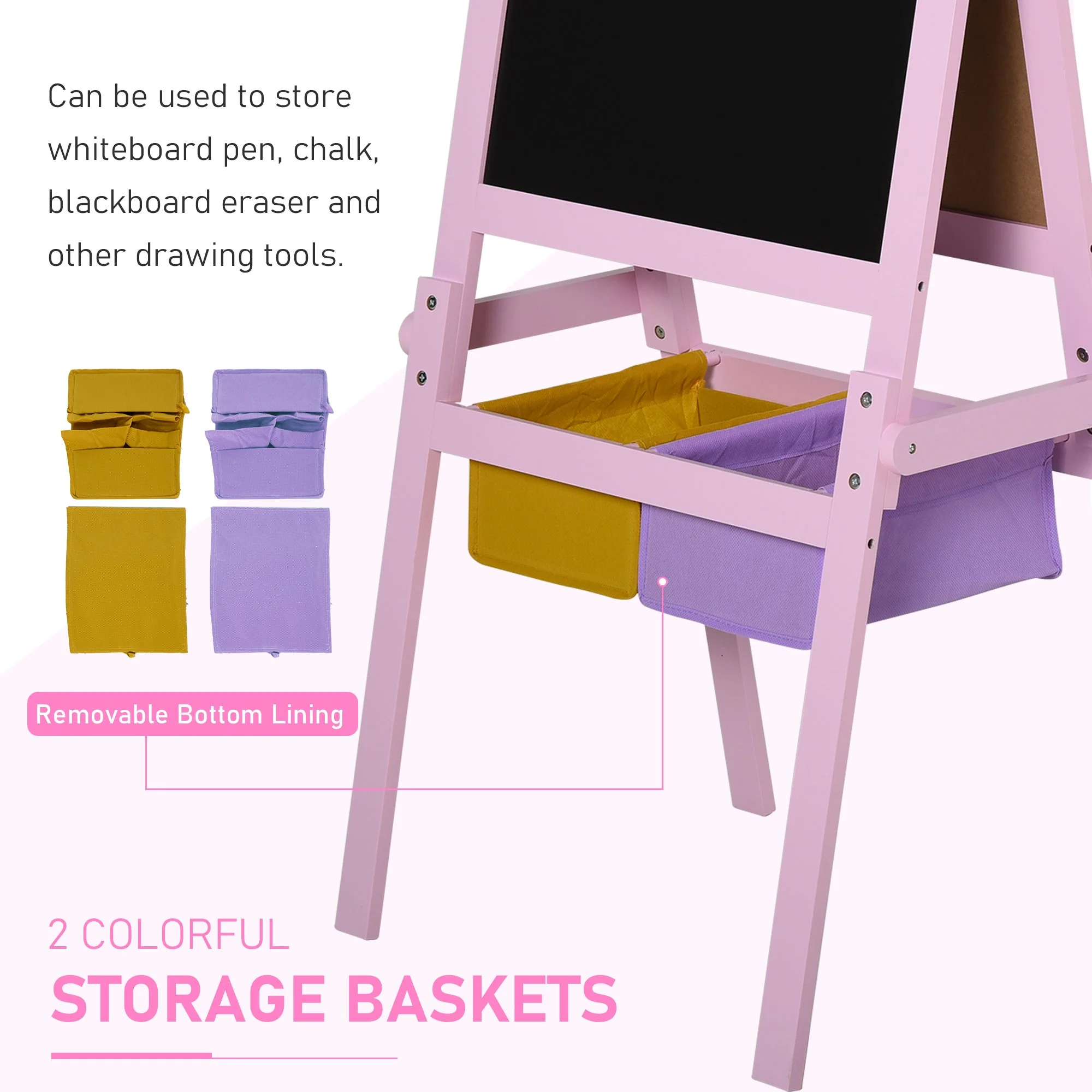 3 In 1 Kid's Wooden Art Easel with Dual-Sides and Storage Baskets - Image 5