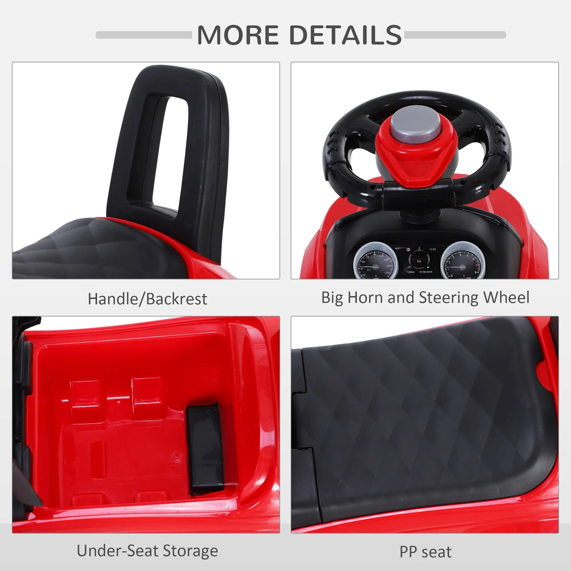3-in-1 Ride On Car Foot To Floor Slider Toddler w/ Horn Steering Wheel NO POWER Manual Under Seat Storage Safe Design for 1-3 Year Old Red - Image 6