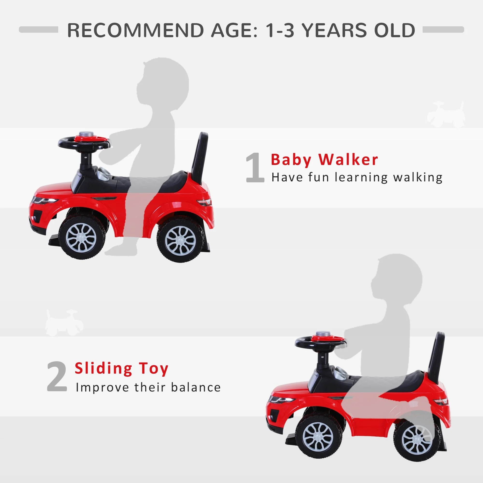 3-in-1 Ride On Car Foot To Floor Slider Toddler w/ Horn Steering Wheel NO POWER Manual Under Seat Storage Safe Design for 1-3 Year Old Red - Image 7