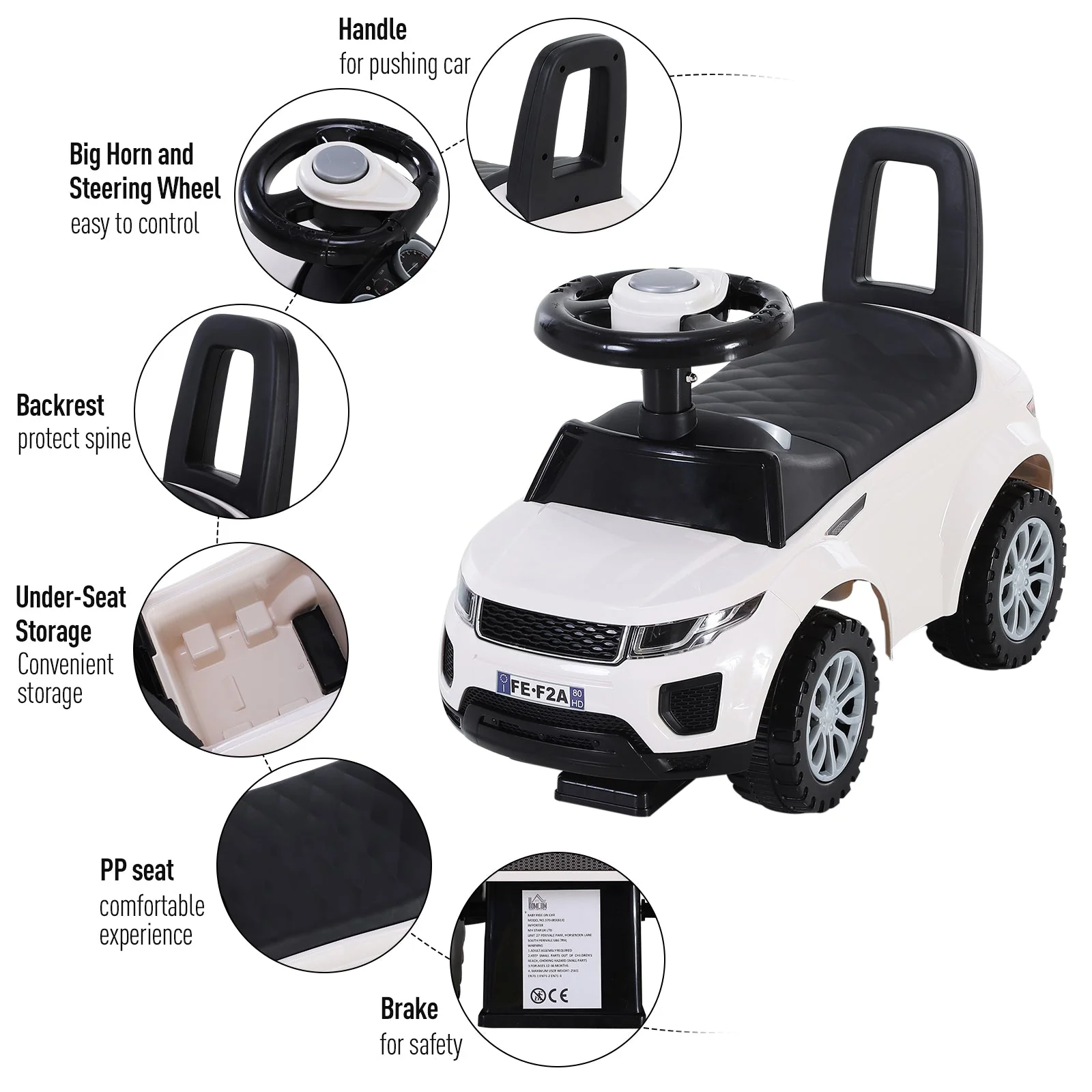 3-in-1 Ride On Car Foot To Floor Slider Toddler w/ Horn Steering Wheel NO POWER Manual Under Seat Storage Safe Design for 1-3 Year Old White - Image 4