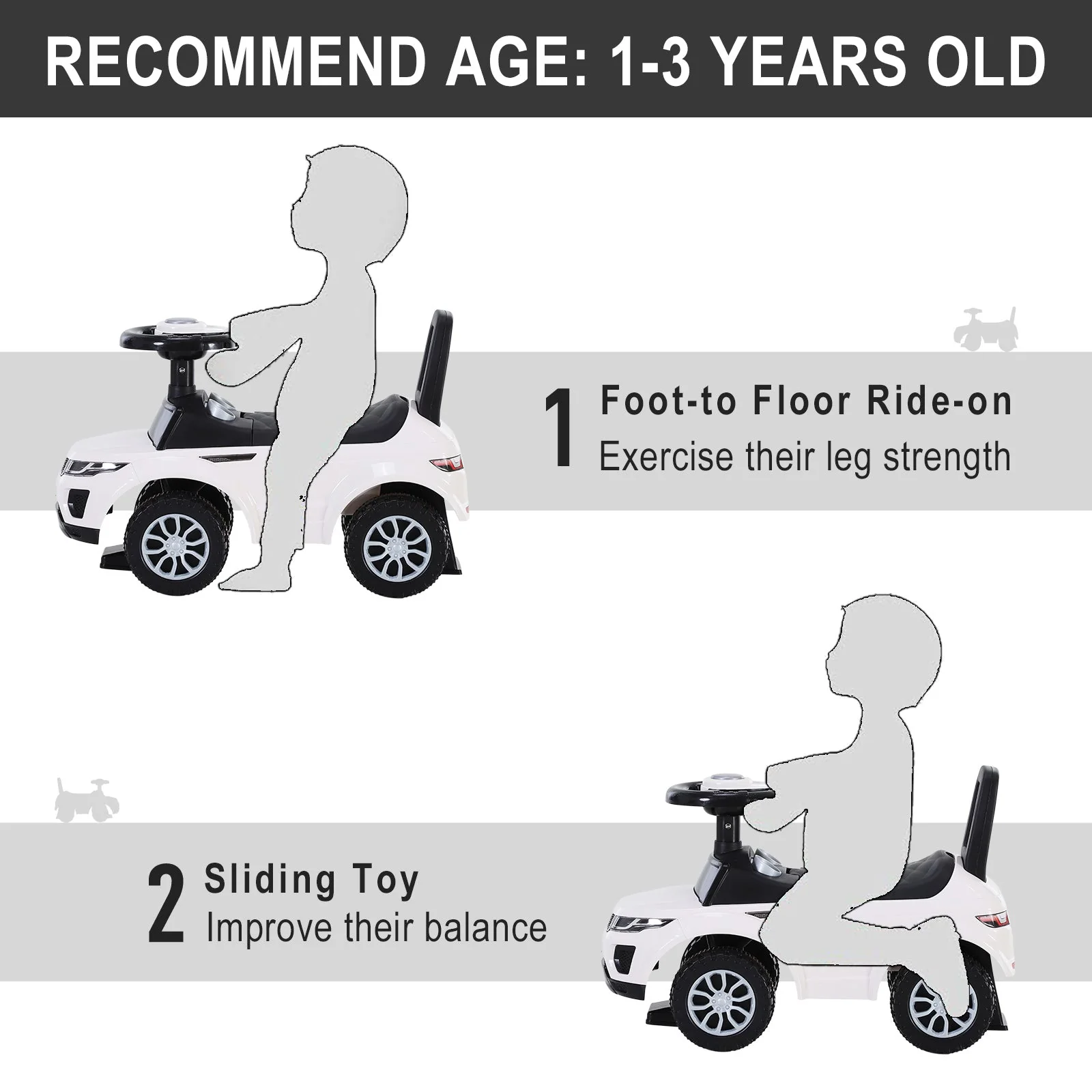 3-in-1 Ride On Car Foot To Floor Slider Toddler w/ Horn Steering Wheel NO POWER Manual Under Seat Storage Safe Design for 1-3 Year Old White - Image 7