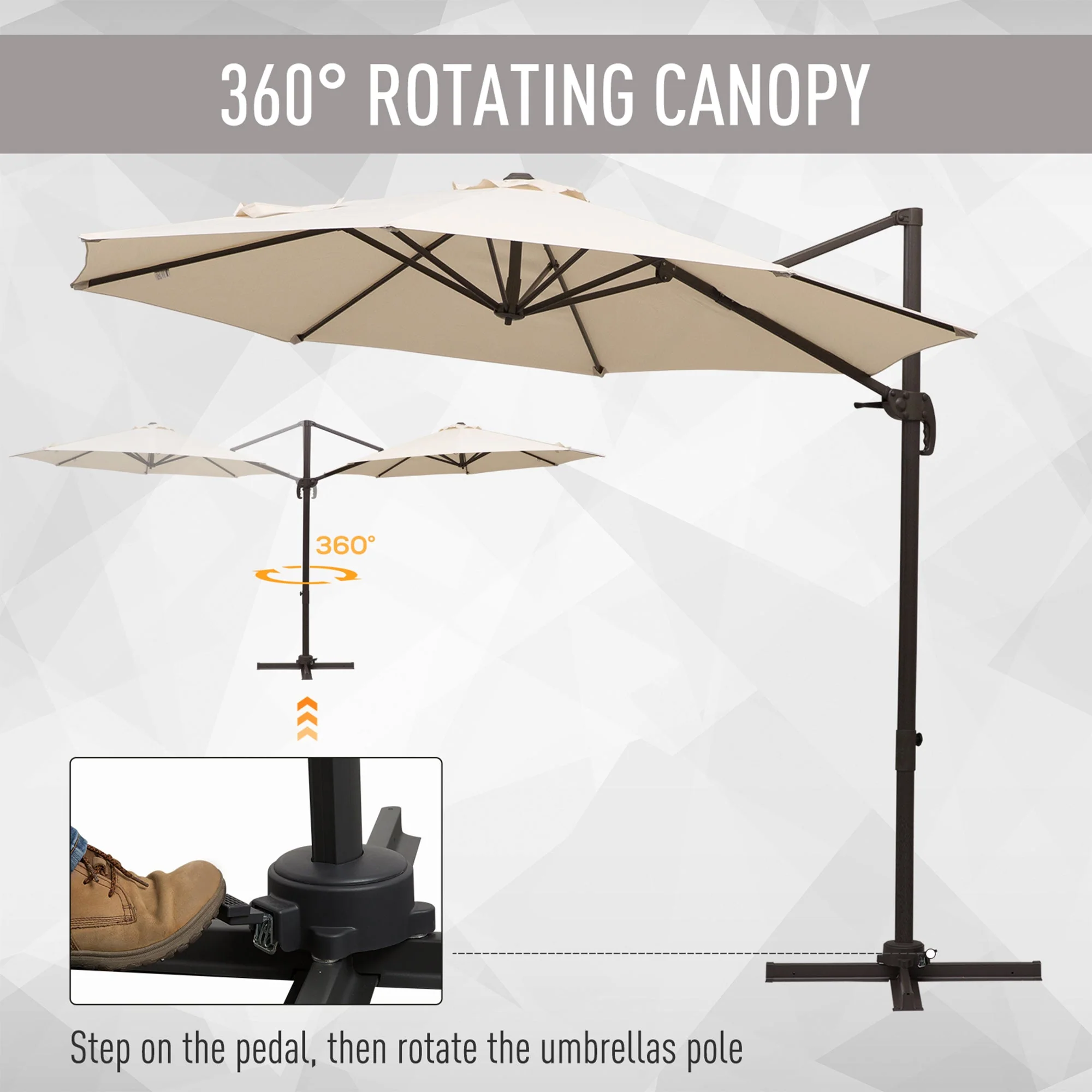 3 m Beach Hanging Umbrella Parasol W/Hand Crank-Beige - Image 4