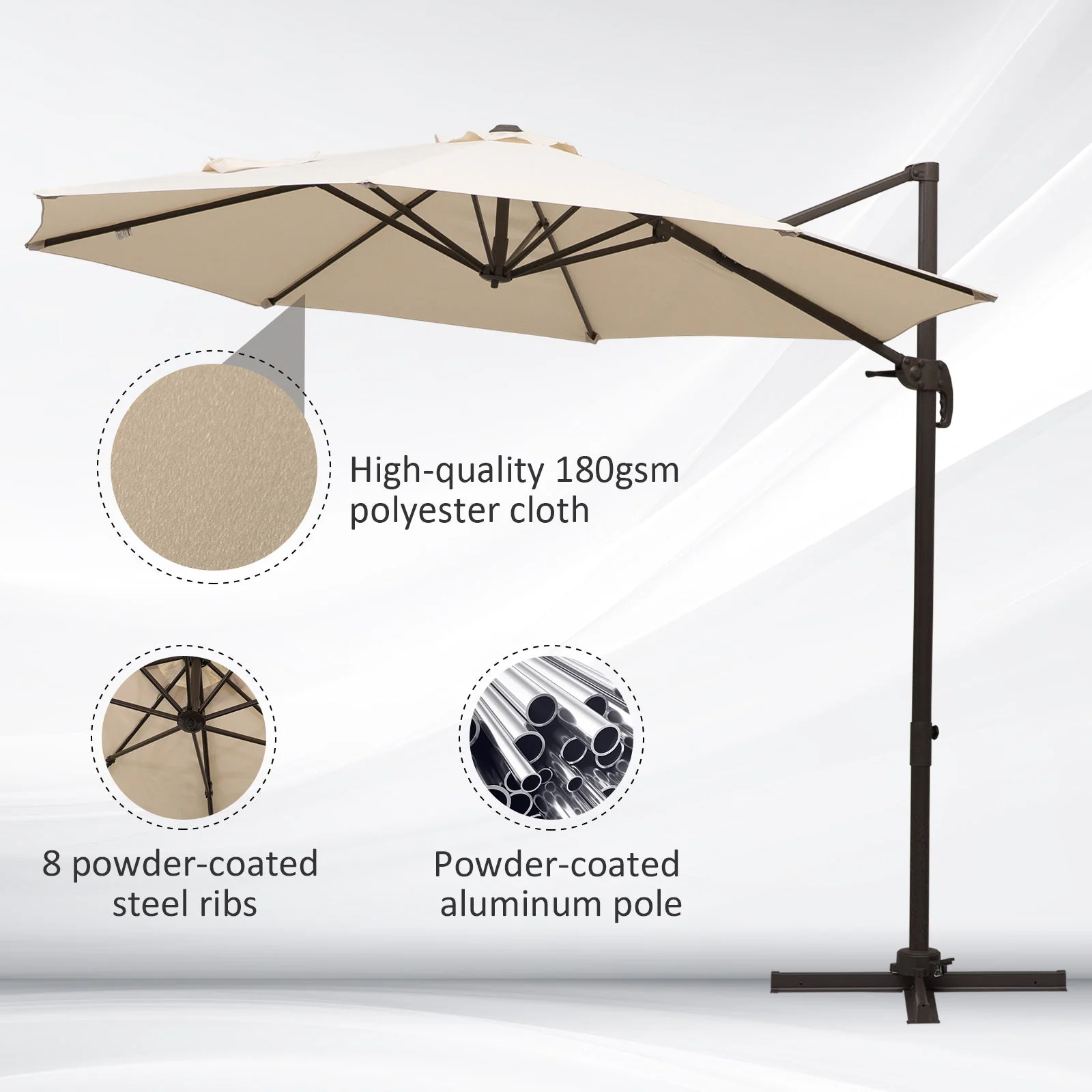 3 m Beach Hanging Umbrella Parasol W/Hand Crank-Beige - Image 6