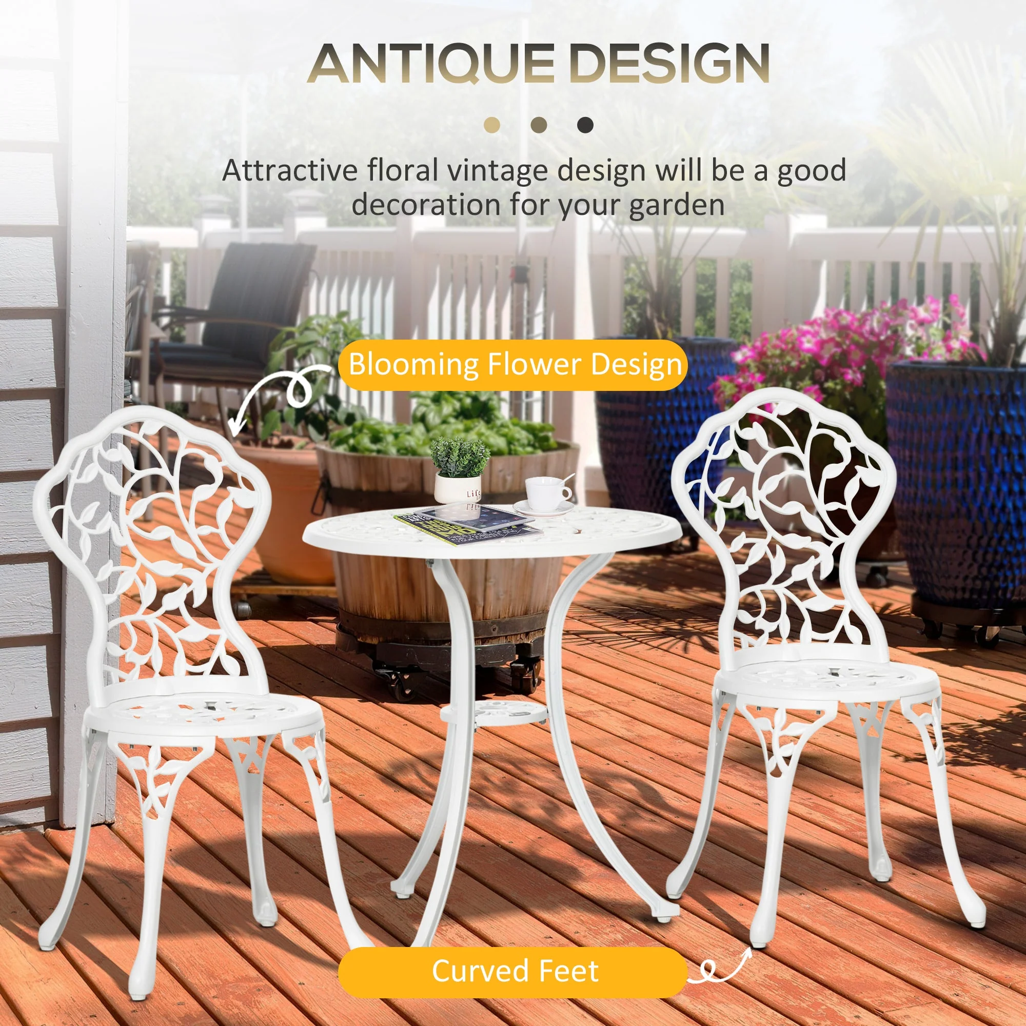 3-Piece Aluminium Bistro Set Garden Furniture Dining Table Chairs Antique Outdoor Seat Patio Seater White - Image 3