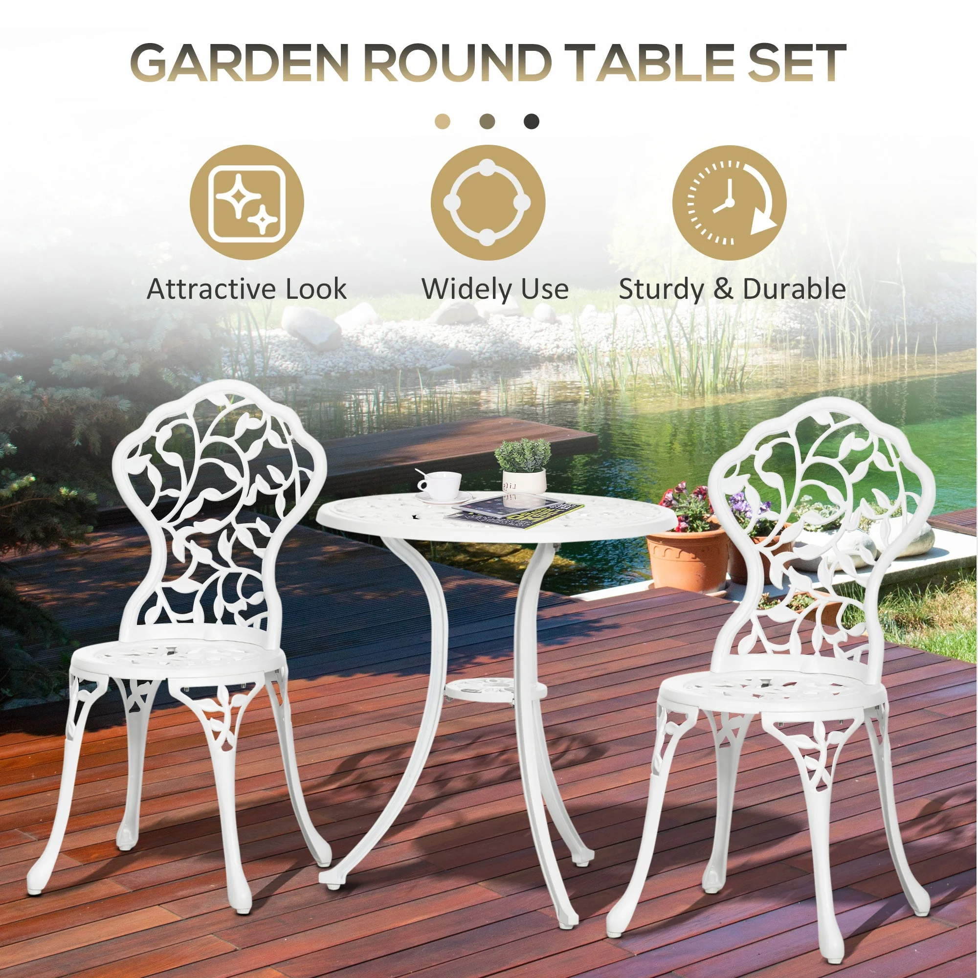 3-Piece Aluminium Bistro Set Garden Furniture Dining Table Chairs Antique Outdoor Seat Patio Seater White - Image 4