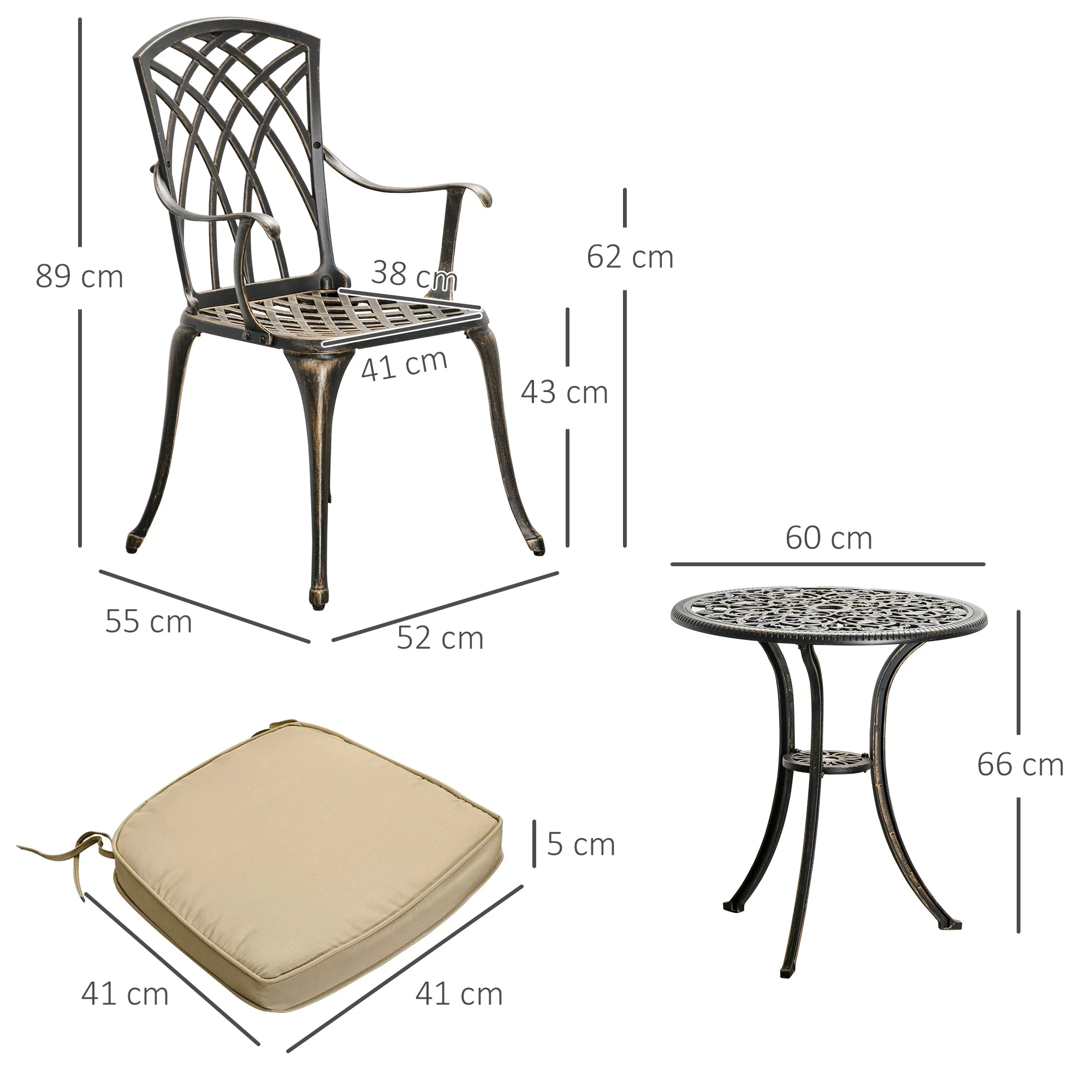 3-Piece Cast Aluminium Garden Bistro Set for 2 with Parasol Hole - Image 3