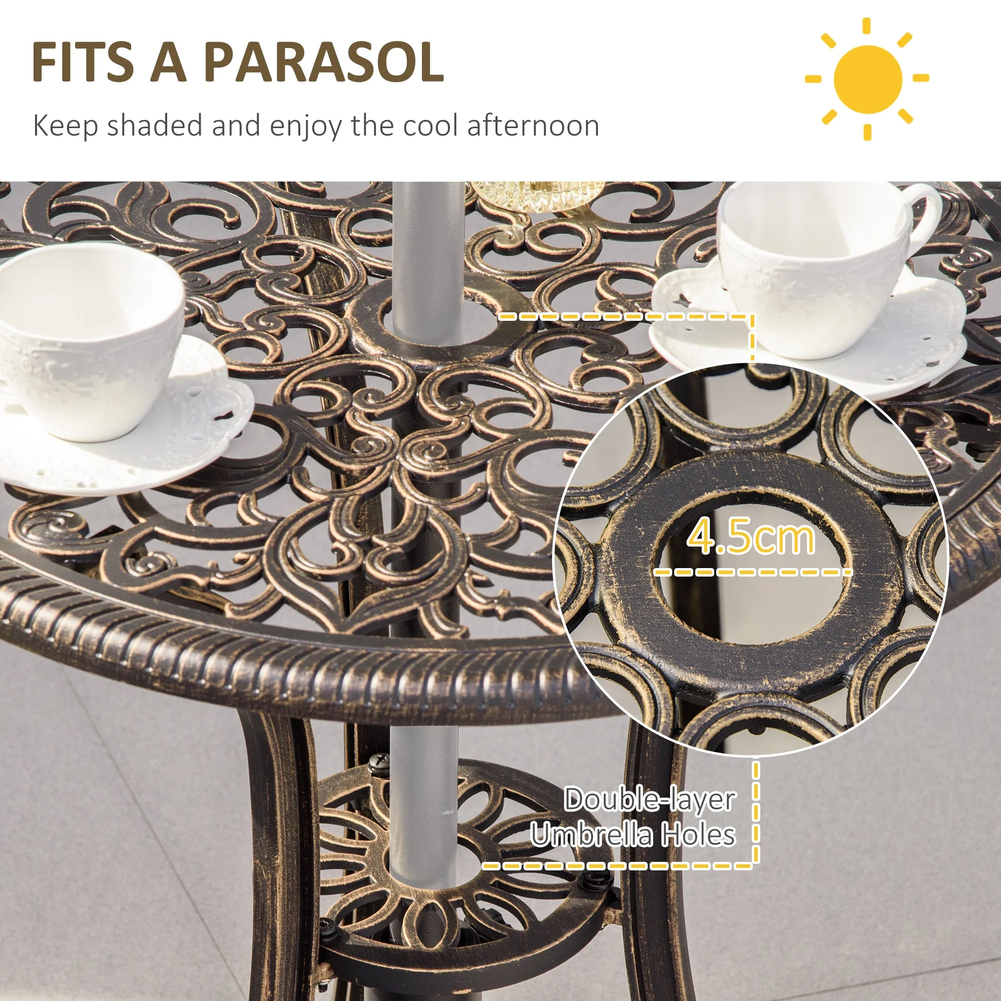 3-Piece Cast Aluminium Garden Bistro Set for 2 with Parasol Hole - Image 4