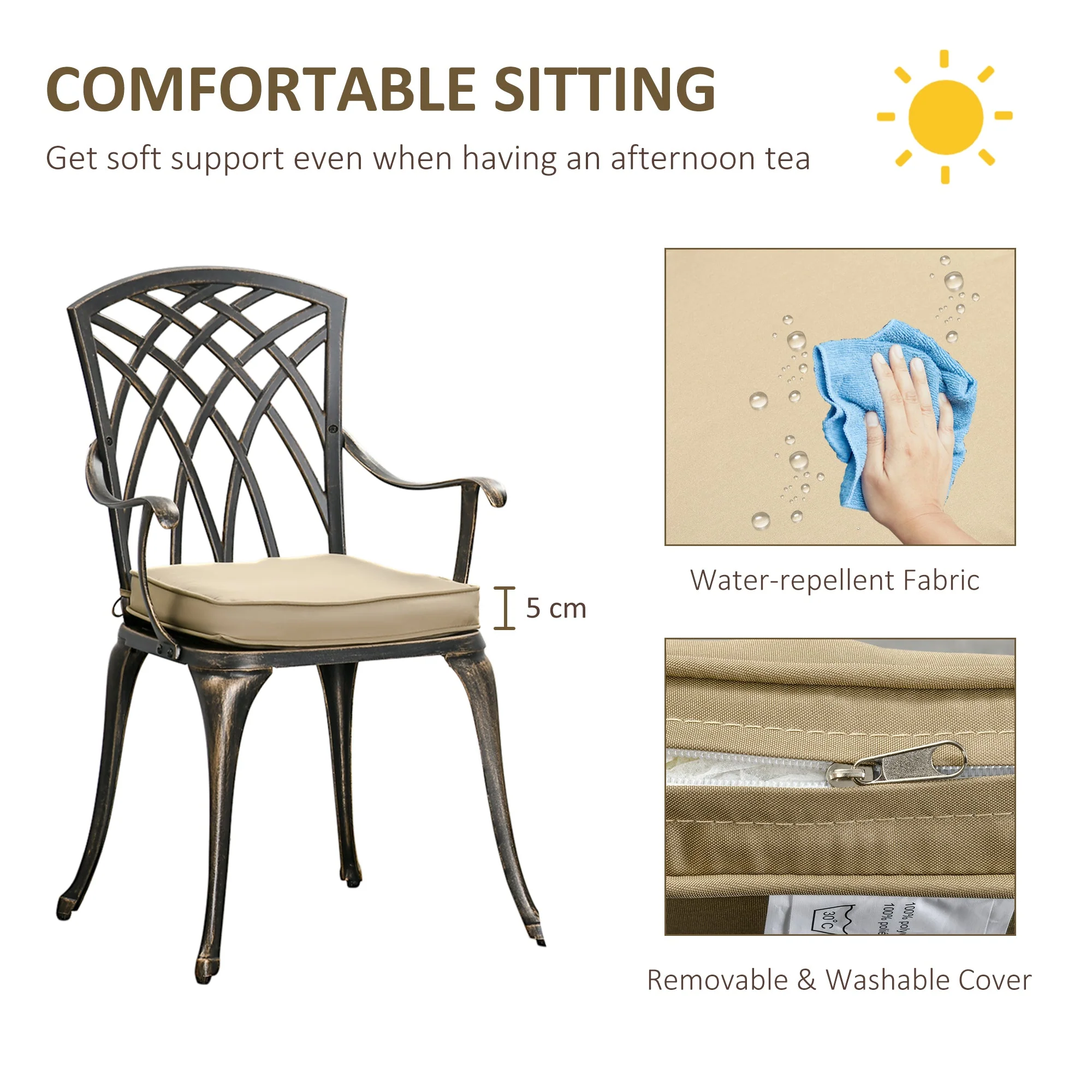 3-Piece Cast Aluminium Garden Bistro Set for 2 with Parasol Hole - Image 5