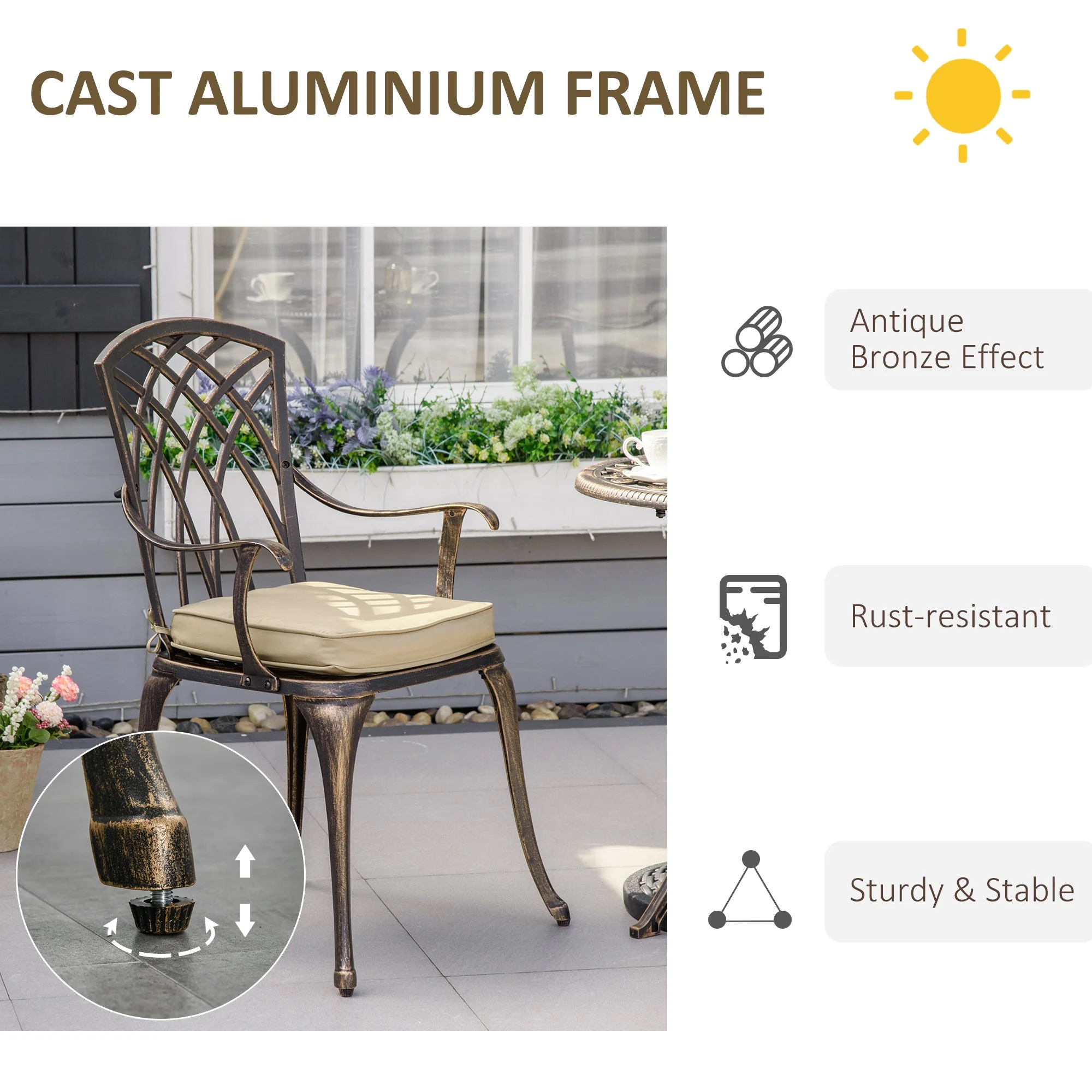 3-Piece Cast Aluminium Garden Bistro Set for 2 with Parasol Hole - Image 6